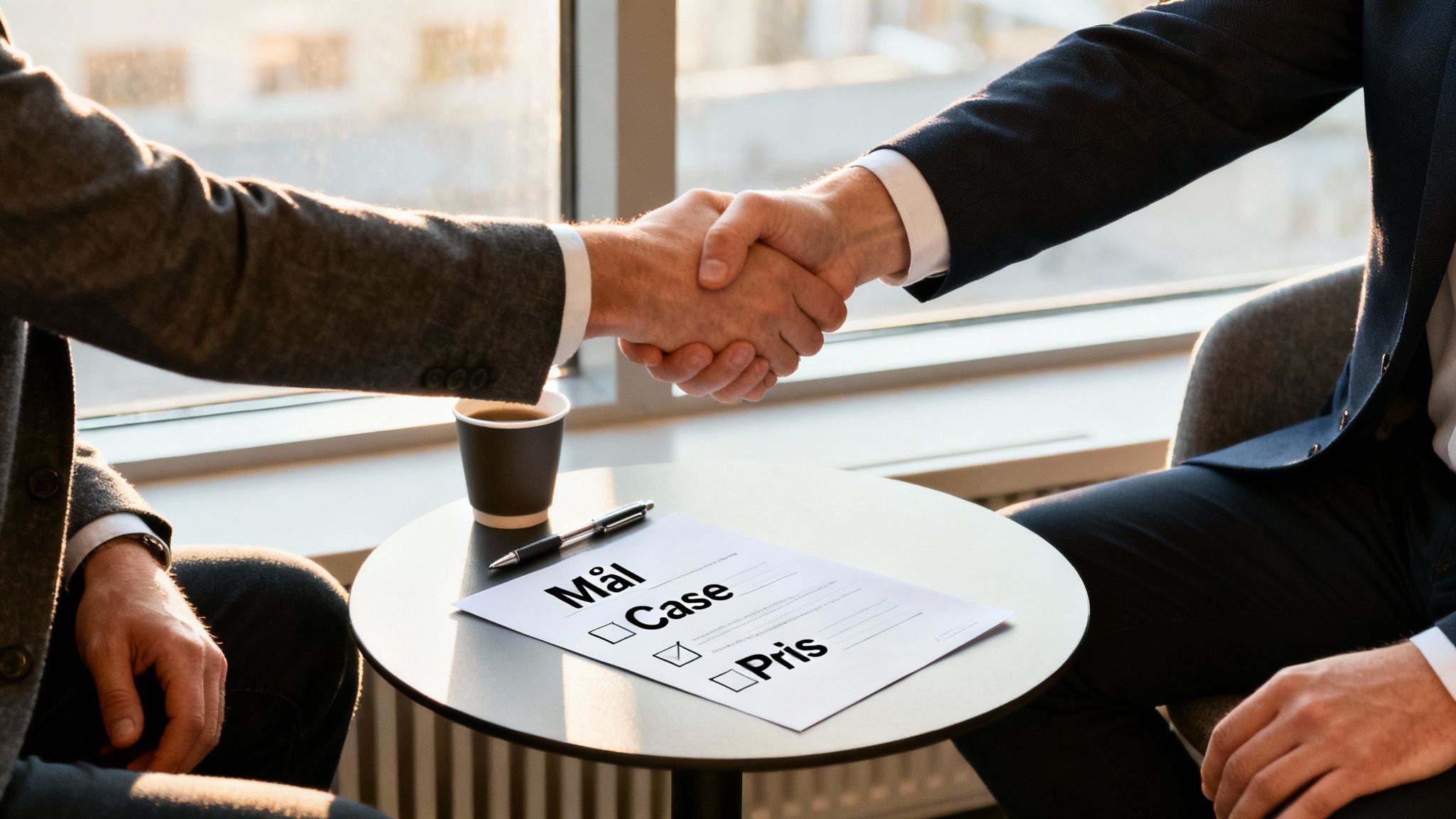 Affärsmän skakar hand vid ett möte med dokument och kaffe, fokuserande på mål och pris.