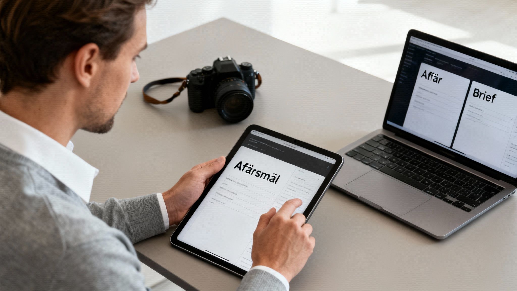 En man tittar på en surfplatta med texten 'Affärsmål', medan en laptop och kamera ligger på bordet.