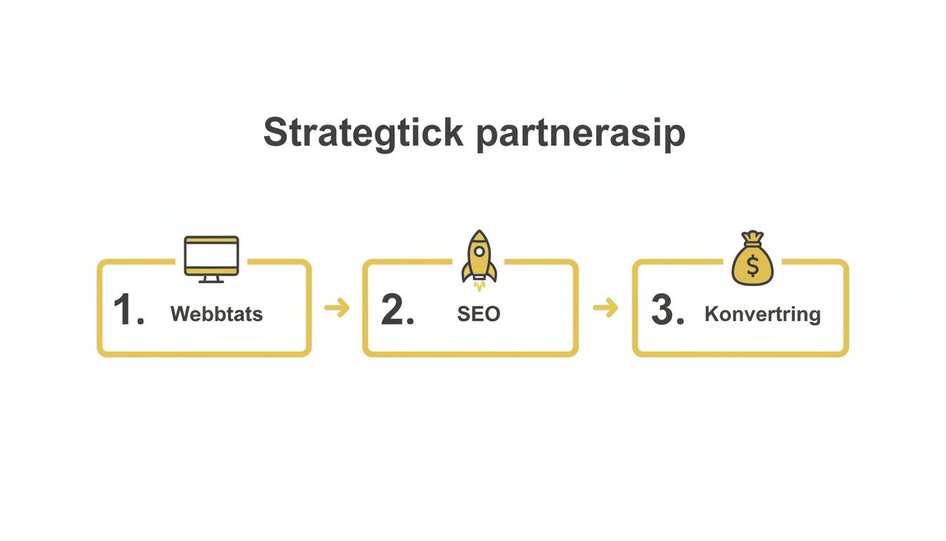 Diagram som visar en strategisk process i tre steg: Webbtats (webbstatistik), SEO och Konvertering, illustrerat med ikoner.