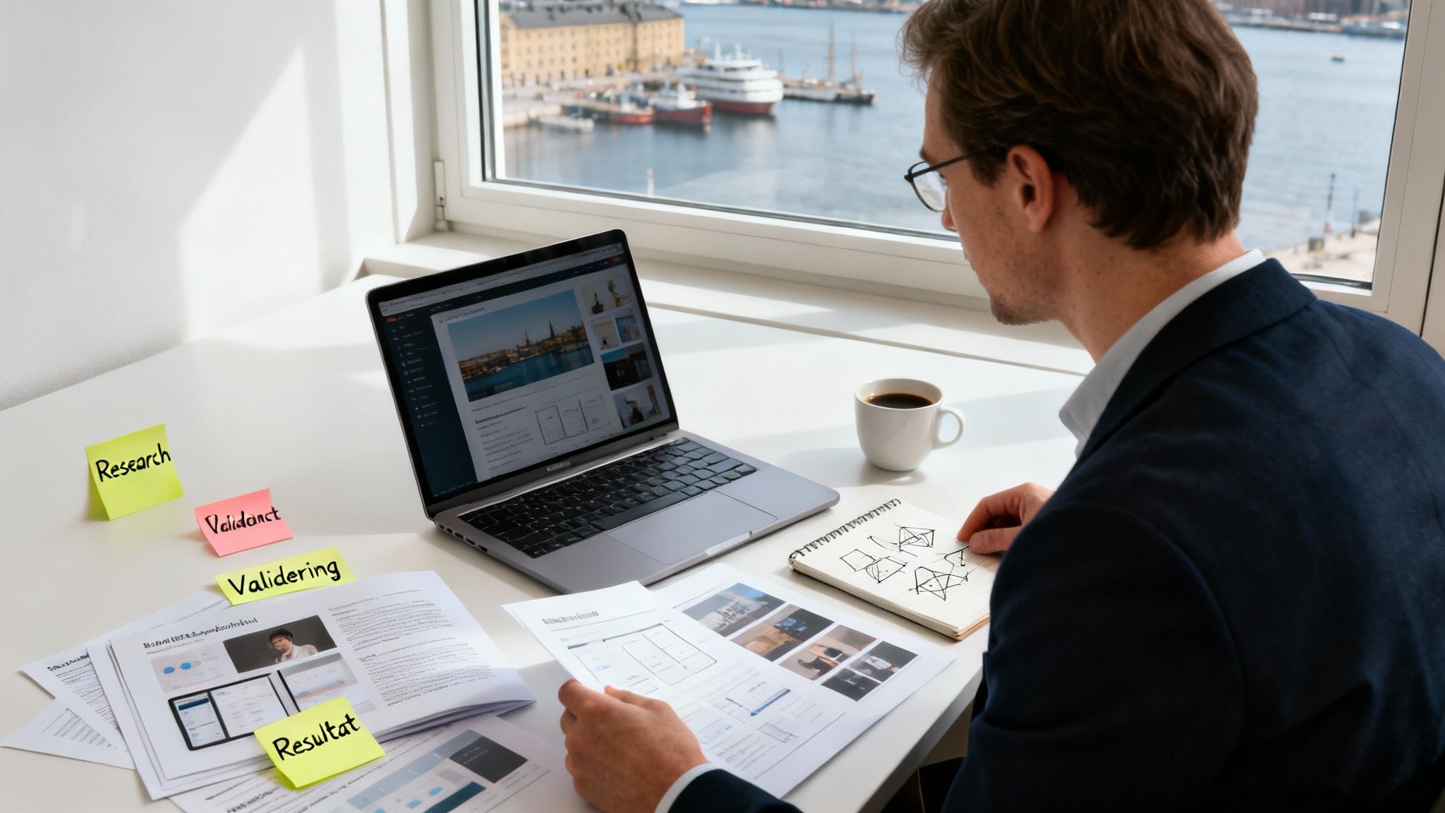 Man vid skrivbord med laptop, dokument, kaffe och post-it-lappar, arbetar med designprocessen.