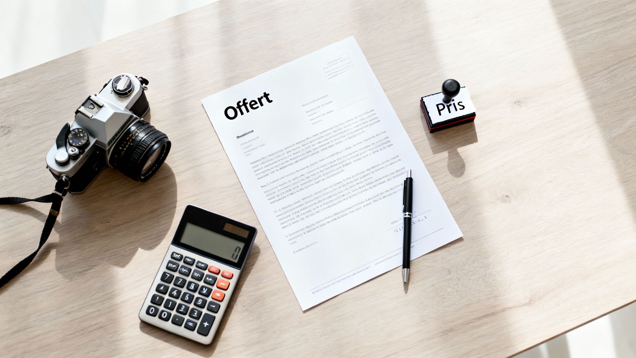 En skrivbordsvy med en kamera, offert-dokument, kalkylator, penna och en "Pris"-stämpel.