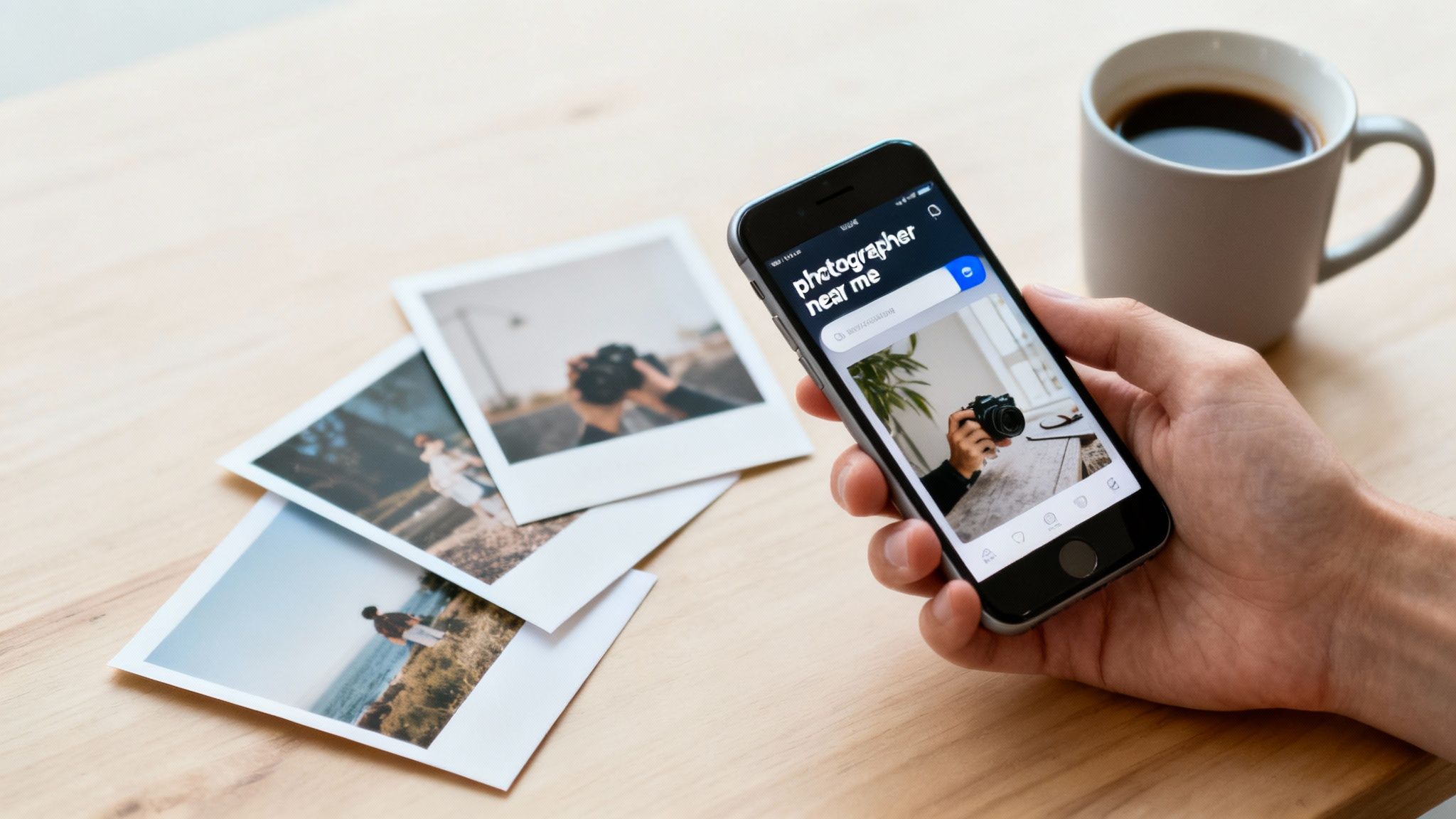 Hand som håller smartphone med sökning efter fotograf nära mig bredvid utskrivna foton och kaffe