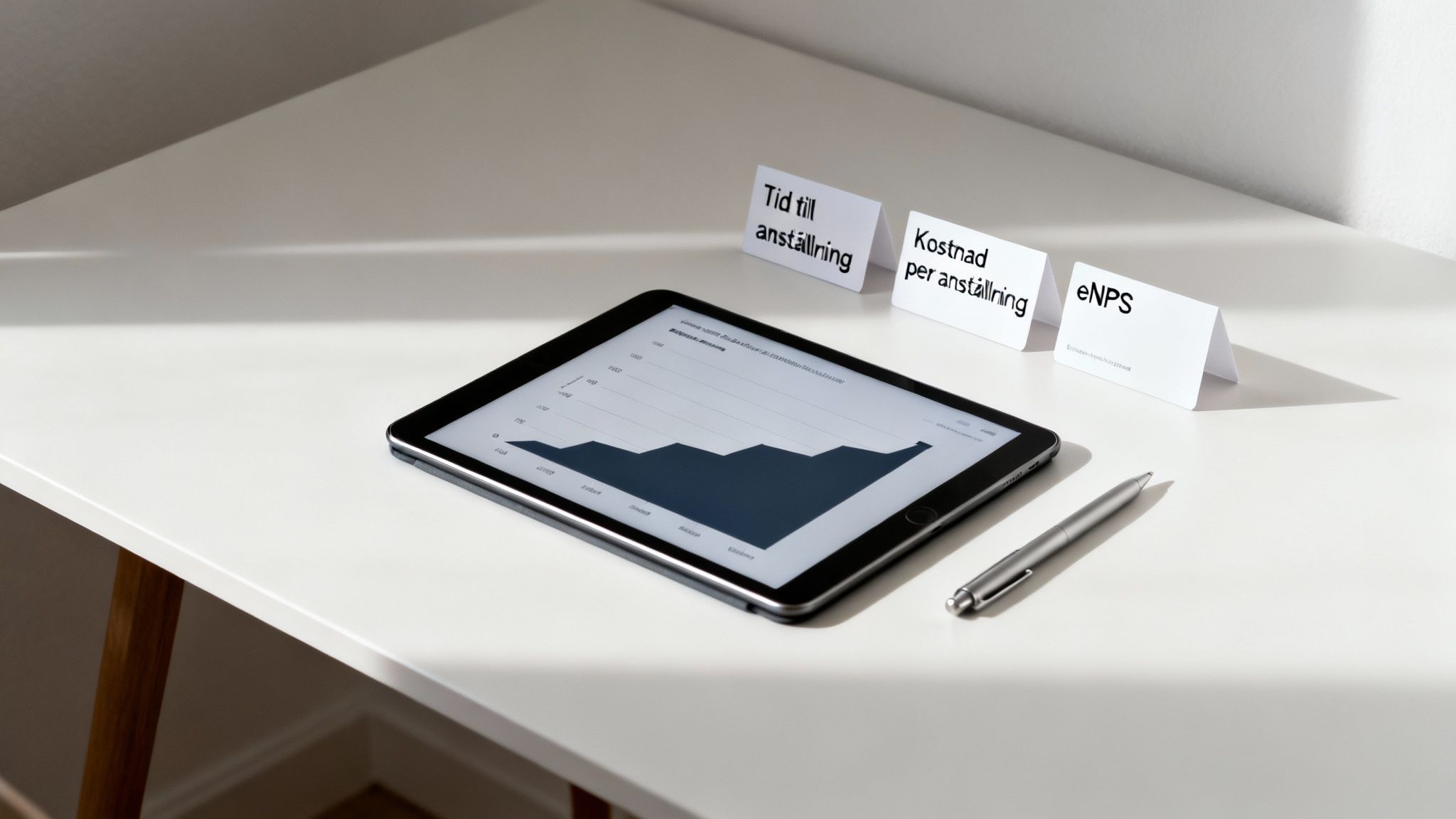 En surfplatta visar en graf på ett vitt skrivbord, omgiven av skyltar med HR-mått och en penna.