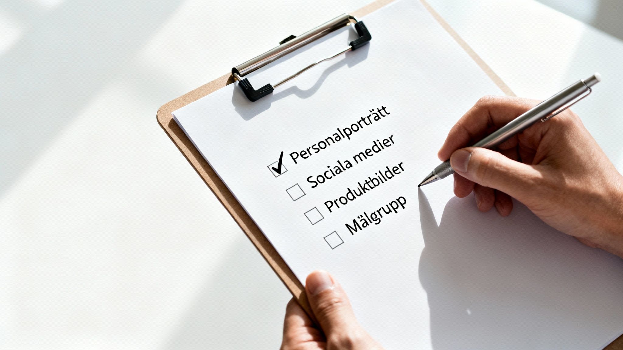 En hand håller en klippbok med en svensk checklista. 'Personalporträtt' är markerat.