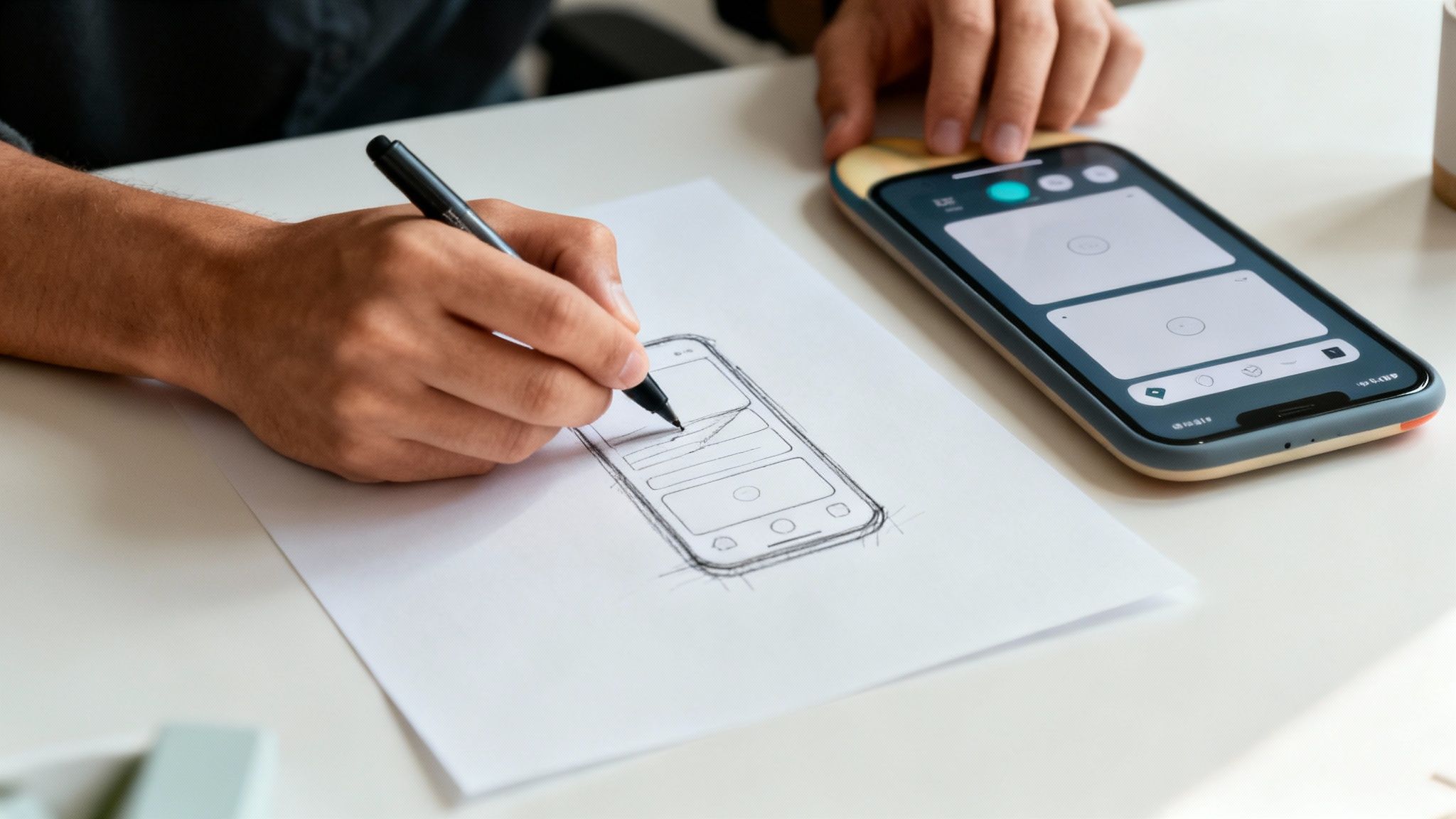 En UI/UX-designer som arbetar med wireframes och designkoncept på ett skrivbord.