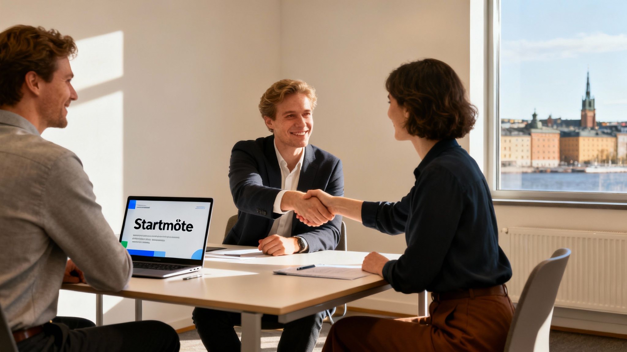 Tre personer vid ett bord i Stockholm, två skakar hand under ett startmöte med en laptop.