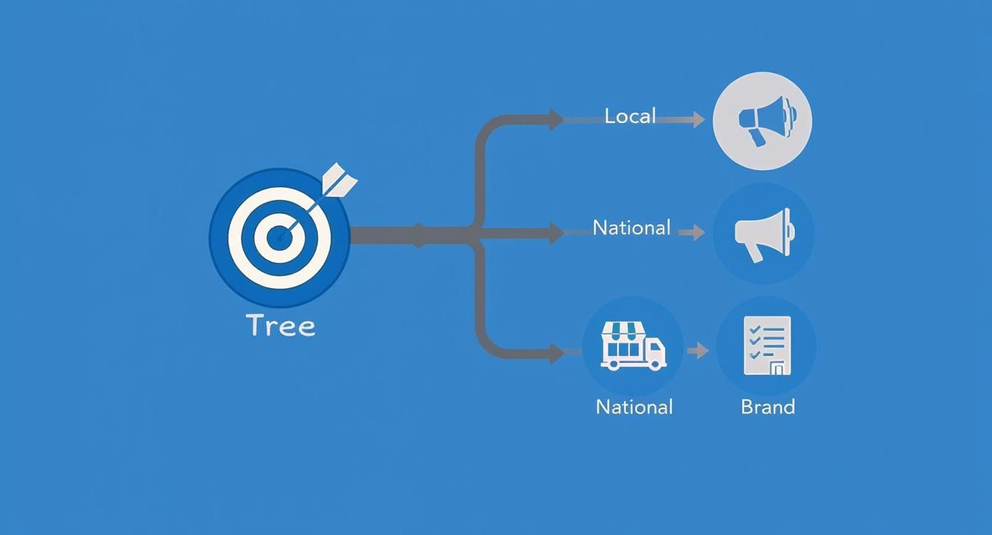 Träddiagram som visar marknadsföringsstrategi från mål till lokala, nationella och varumärkeskanaler med megafon-ikoner