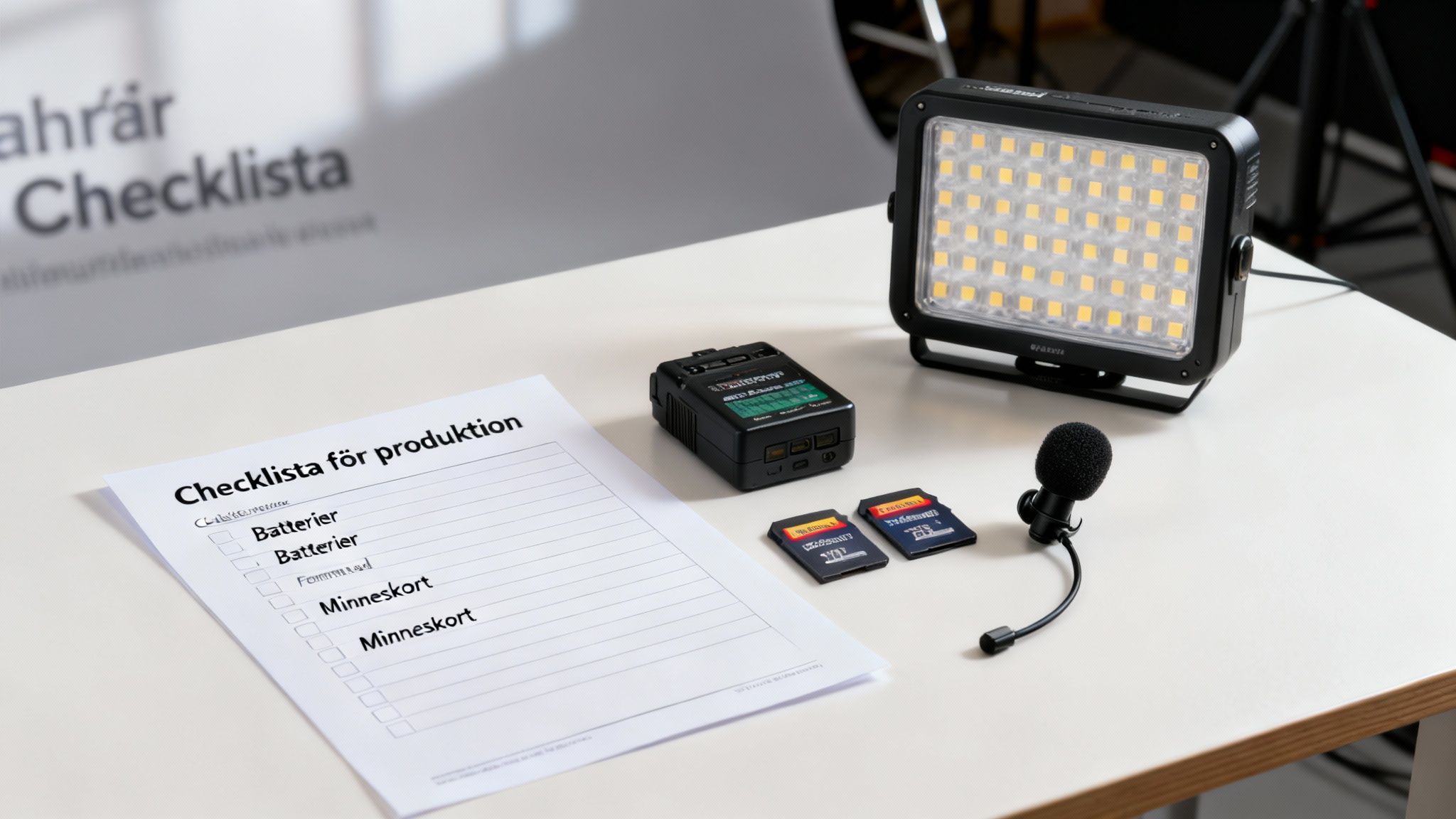 En skrivbordsvy med produktionsutrustning som en checklista, videolampa, minneskort och mikrofon.