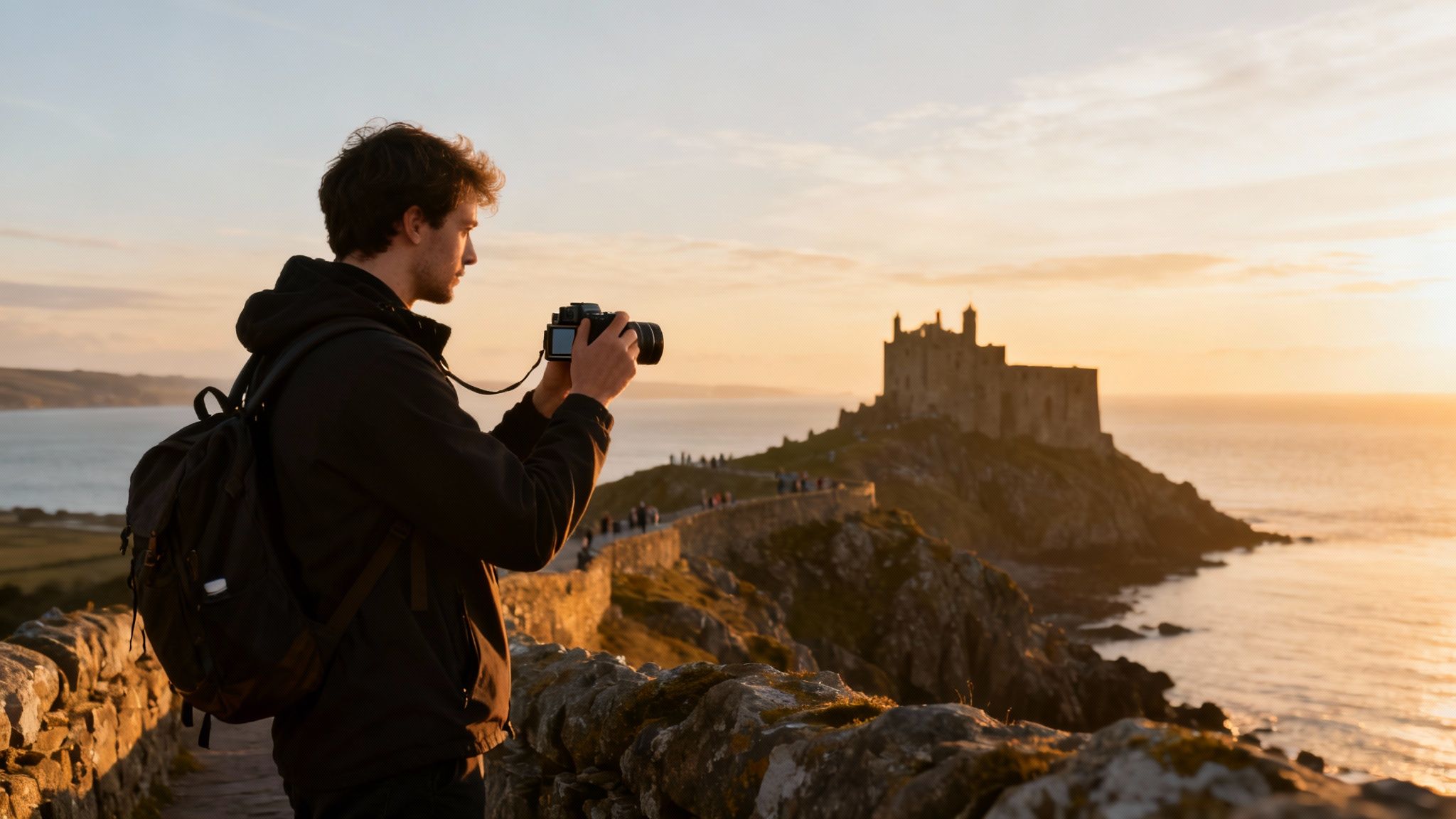 En man med ryggsäck fotograferar ett historiskt slott vid havet under en vacker solnedgång.