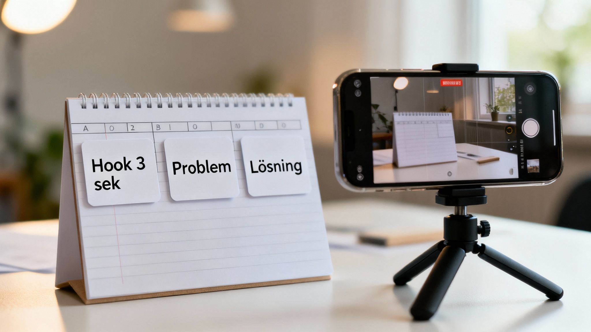 En smartphone på stativ filmar ett anteckningsblock med korten "Hook 3 sek", "Problem" och "Lösning" för att skapa videoinnehåll.