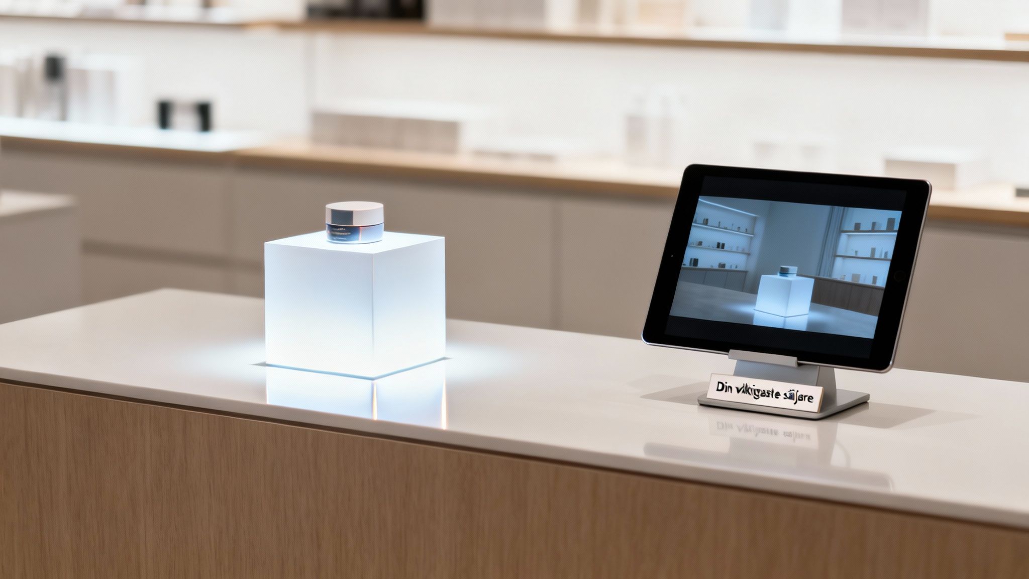 En kosmetikburk på en lysande kub bredvid en surfplatta som visar en video av produkten i en butiksmiljö.