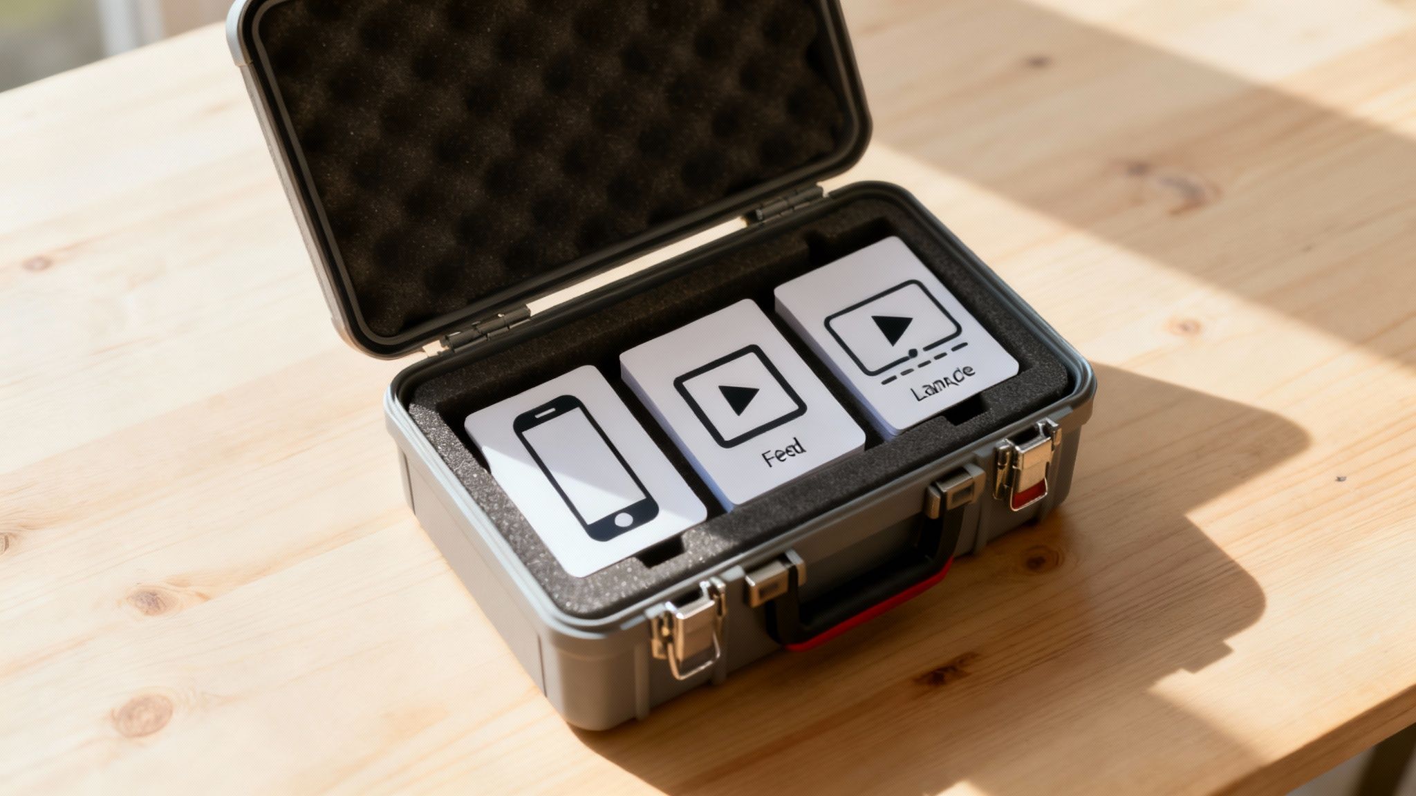 En öppen grå låda med tre vita kort som visar en telefon, "Feed" och "LamCe" med uppspelningsikoner.