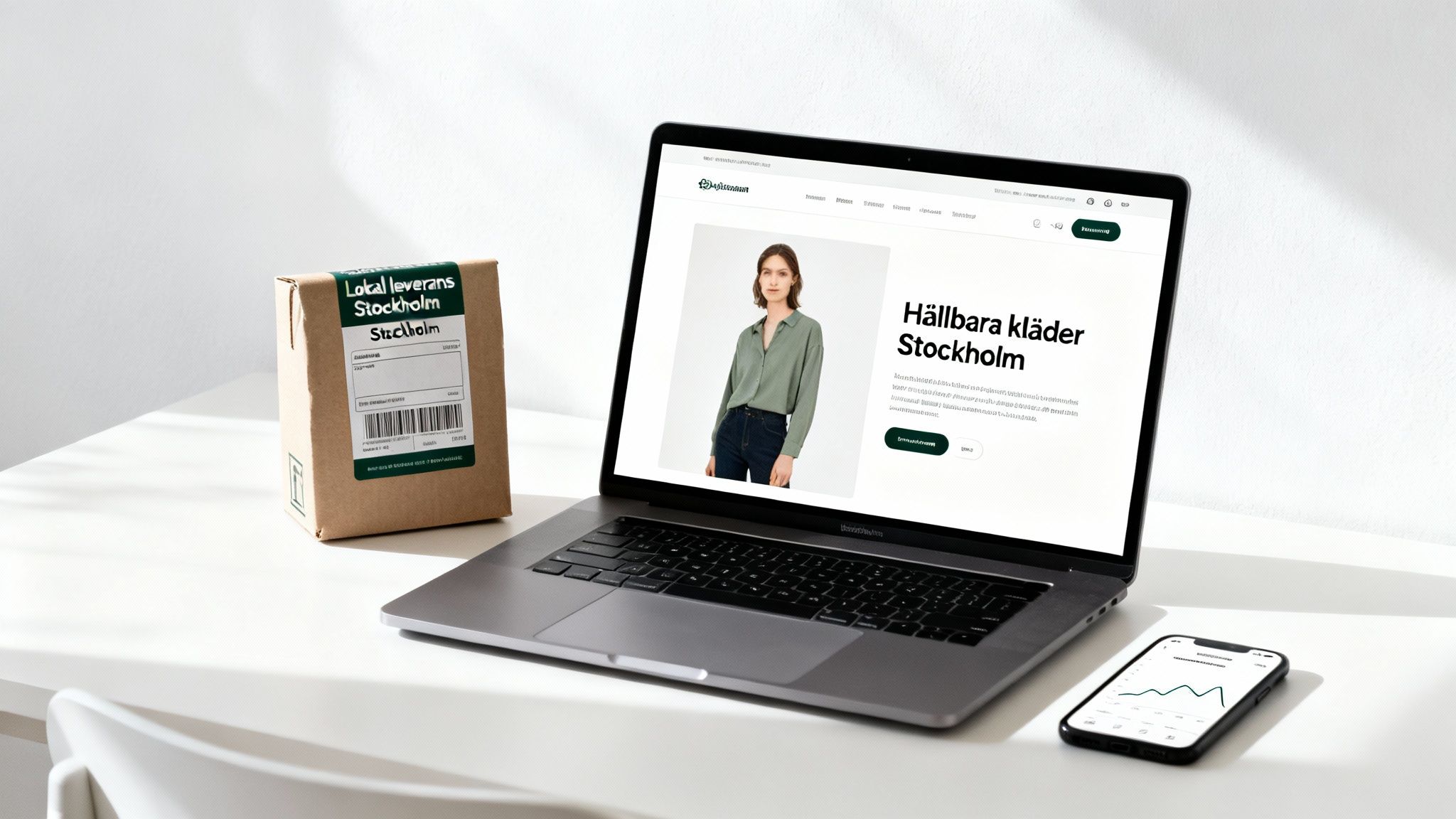 En laptop med e-handelssida, en leveranslåda och en smartphone, som visar lokal leverans och digital marknadsföring i Stockholm.