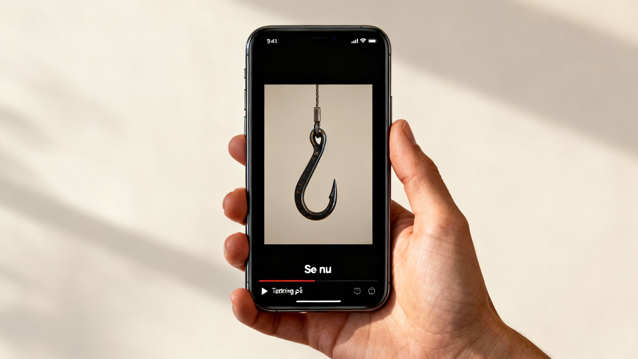 En hand håller en smartphone som visar en video med en fiskenål, vilket symboliserar ett digitalt lockbete.