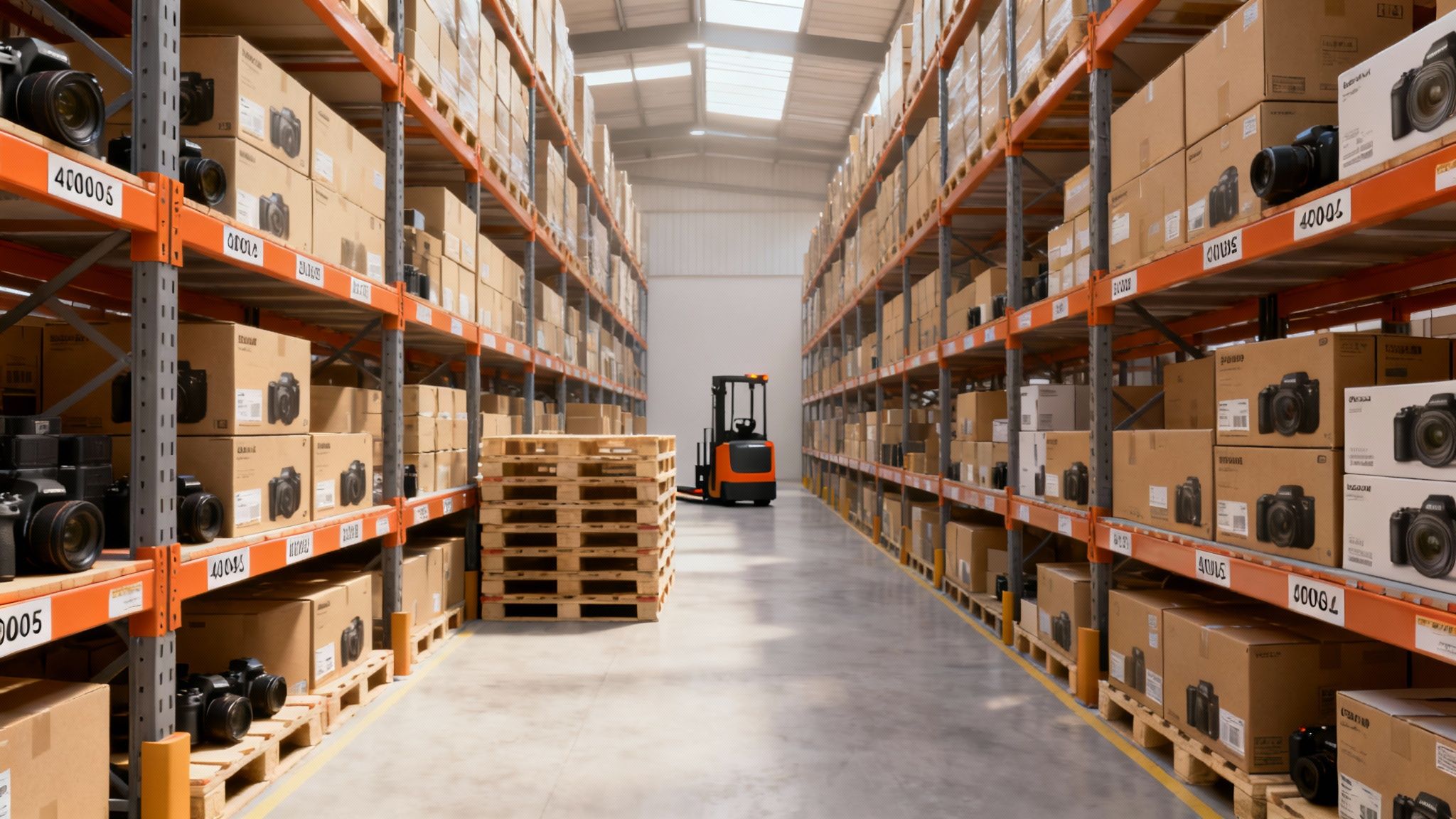 Stort lager med höga hyllor fyllda av kartonger med kameror, en truck och träpallar.