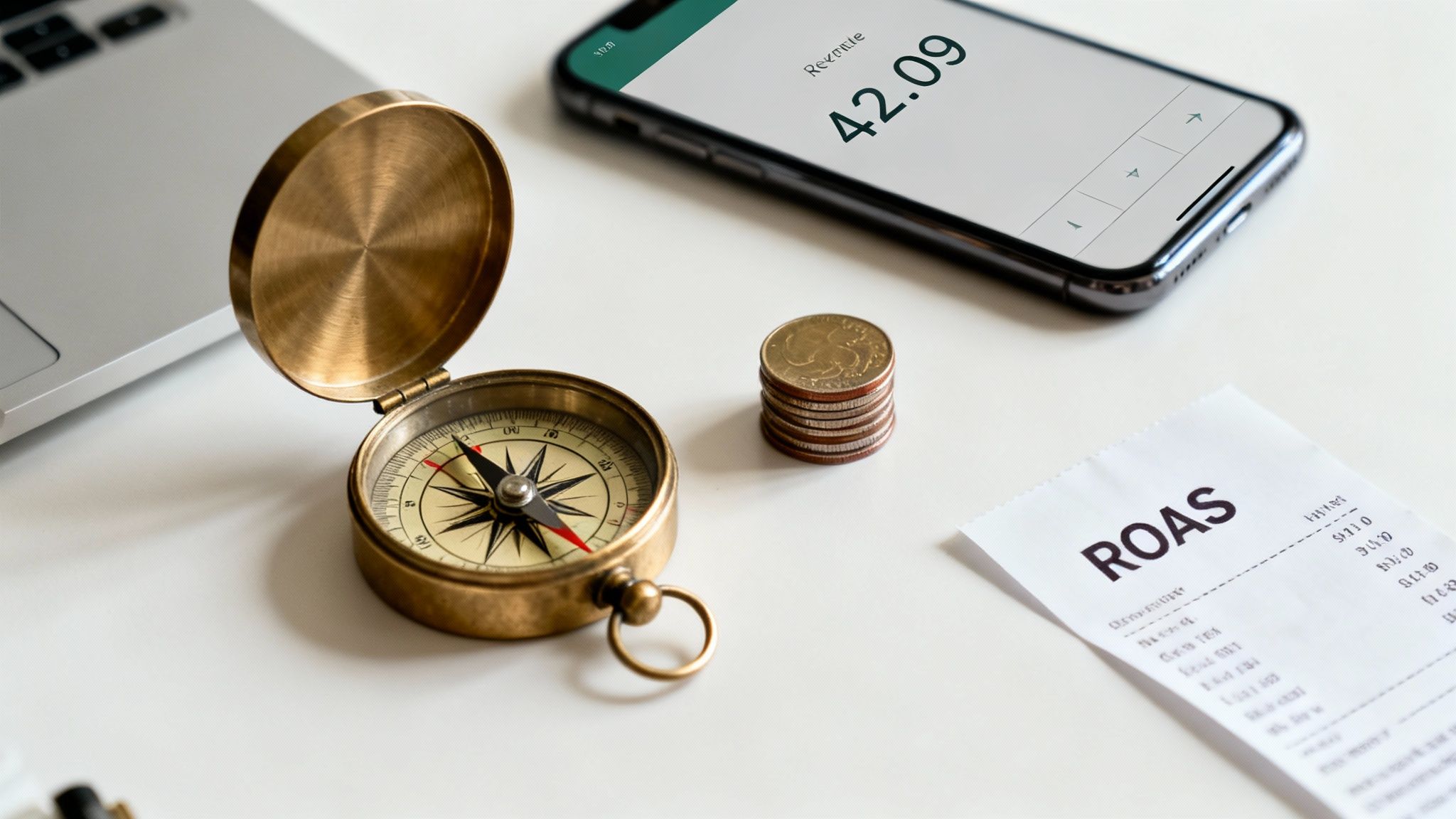 En skrivbordsvy med en kompass, smartphone som visar intäkter, mynt och ett kvitto med texten ROAS.