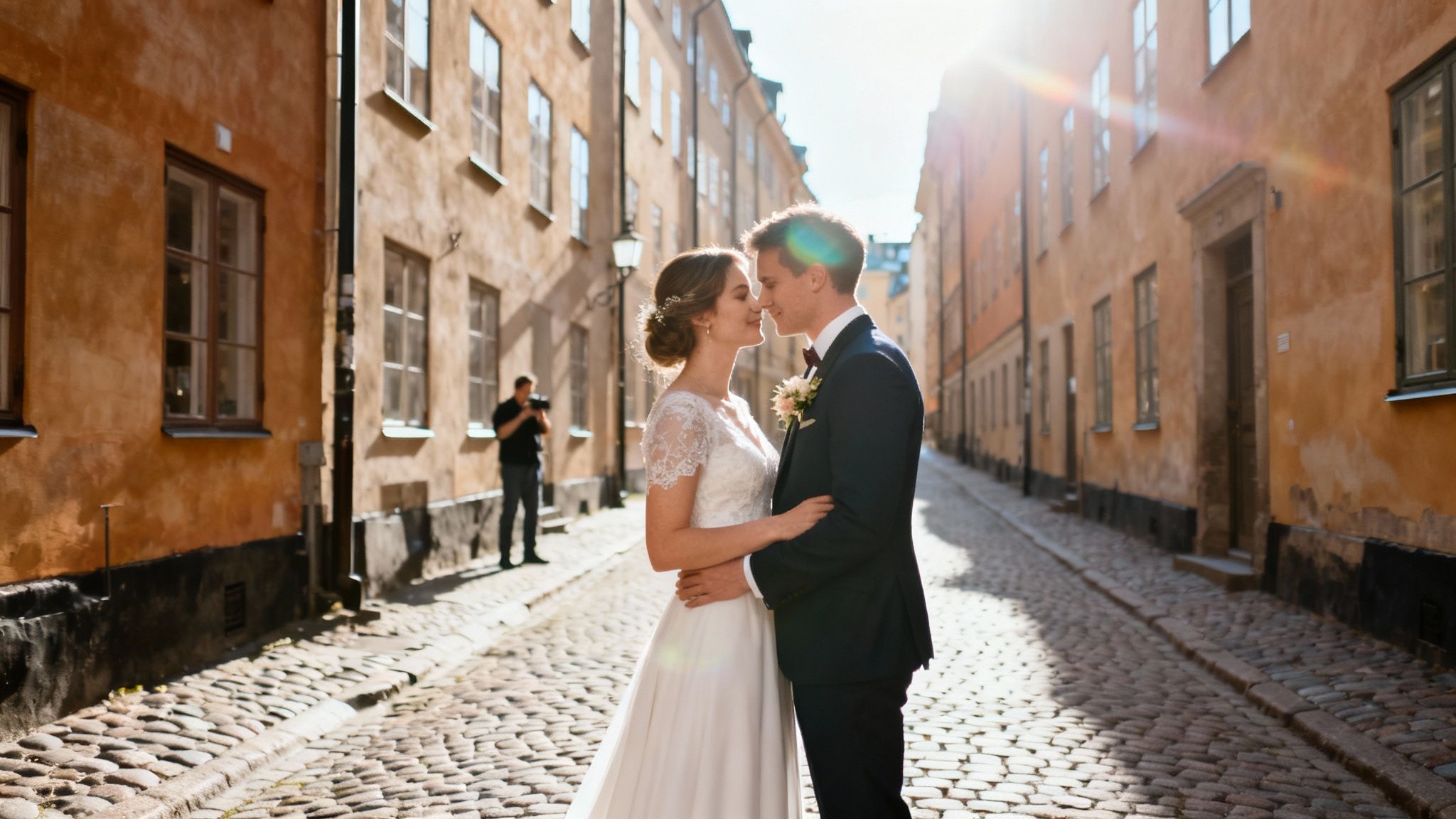 Ett brudpar som står nära varandra utomhus, omgivna av grönska och mjukt ljus.