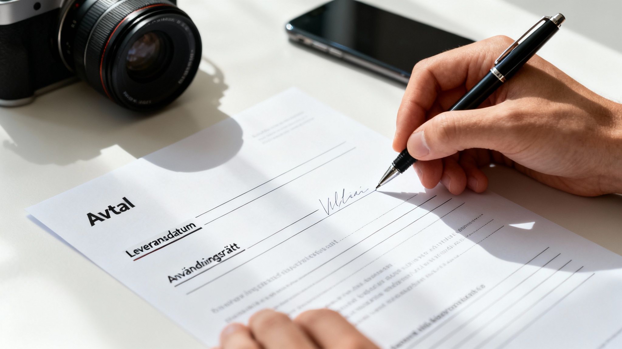En hand skriver under ett avtal med en penna, kamera och mobiltelefon i bakgrunden.