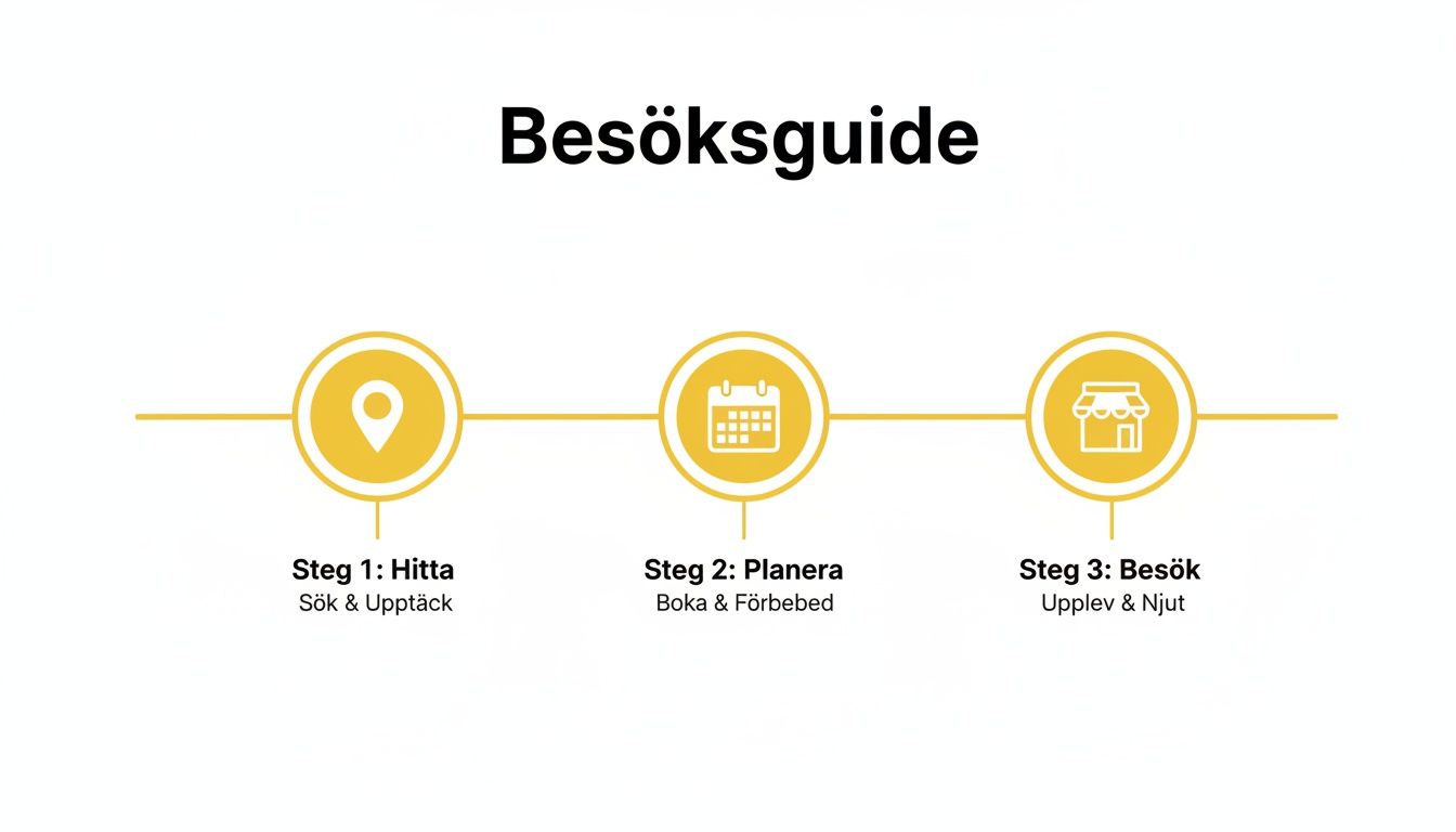 En besöksguide i tre steg: Hitta, Planera och Besök, illustrerad med ikoner för plats, kalender och butik.