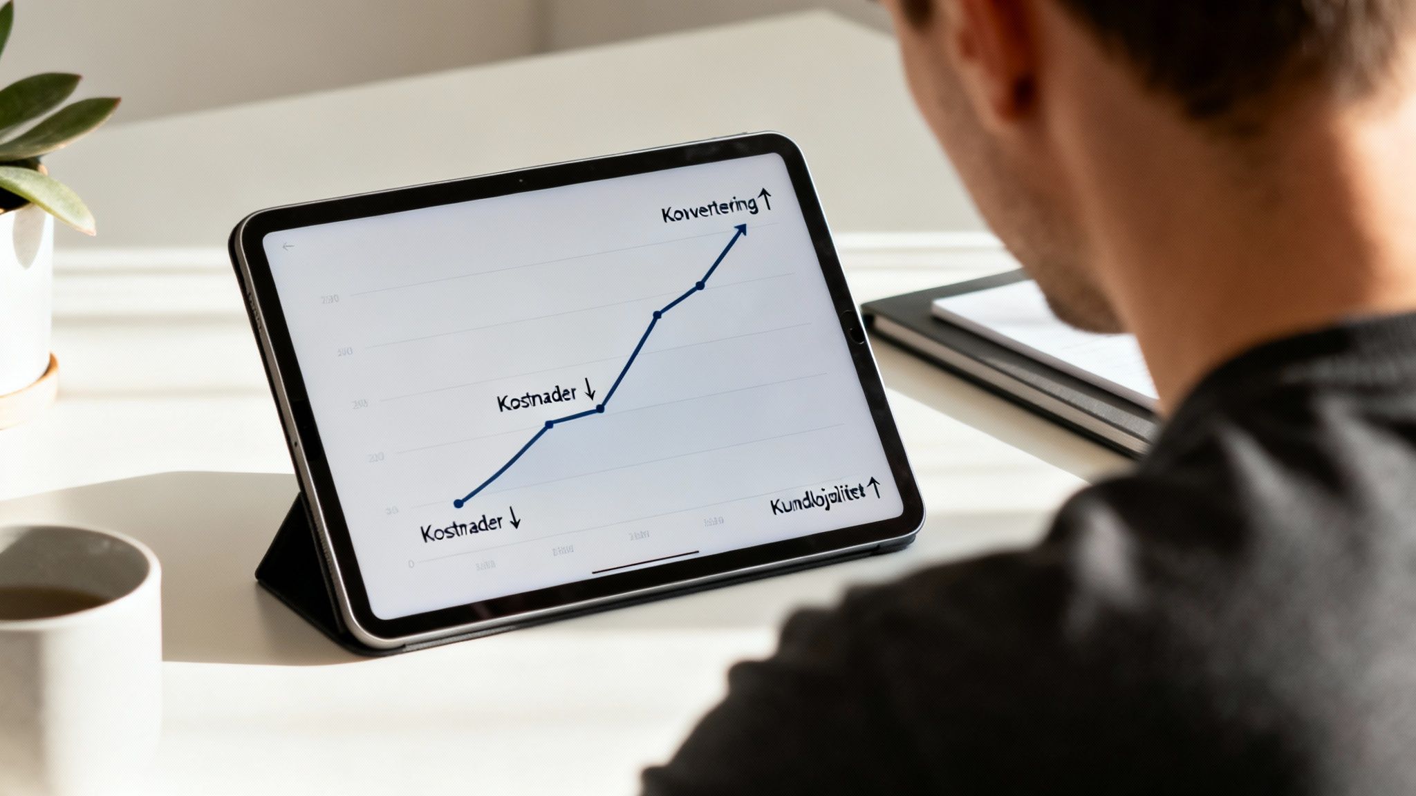 En person tittar på en surfplatta som visar en graf över affärsdata med stigande konvertering och kundlojalitet.