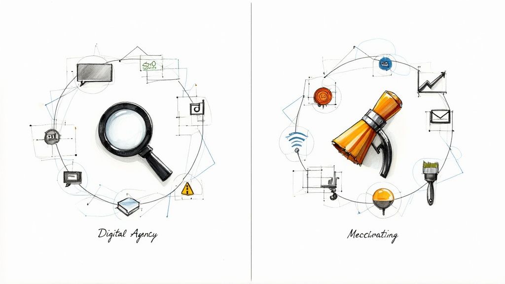 Två personer som jämför olika strategier på en digital skärm med grafer och diagram.