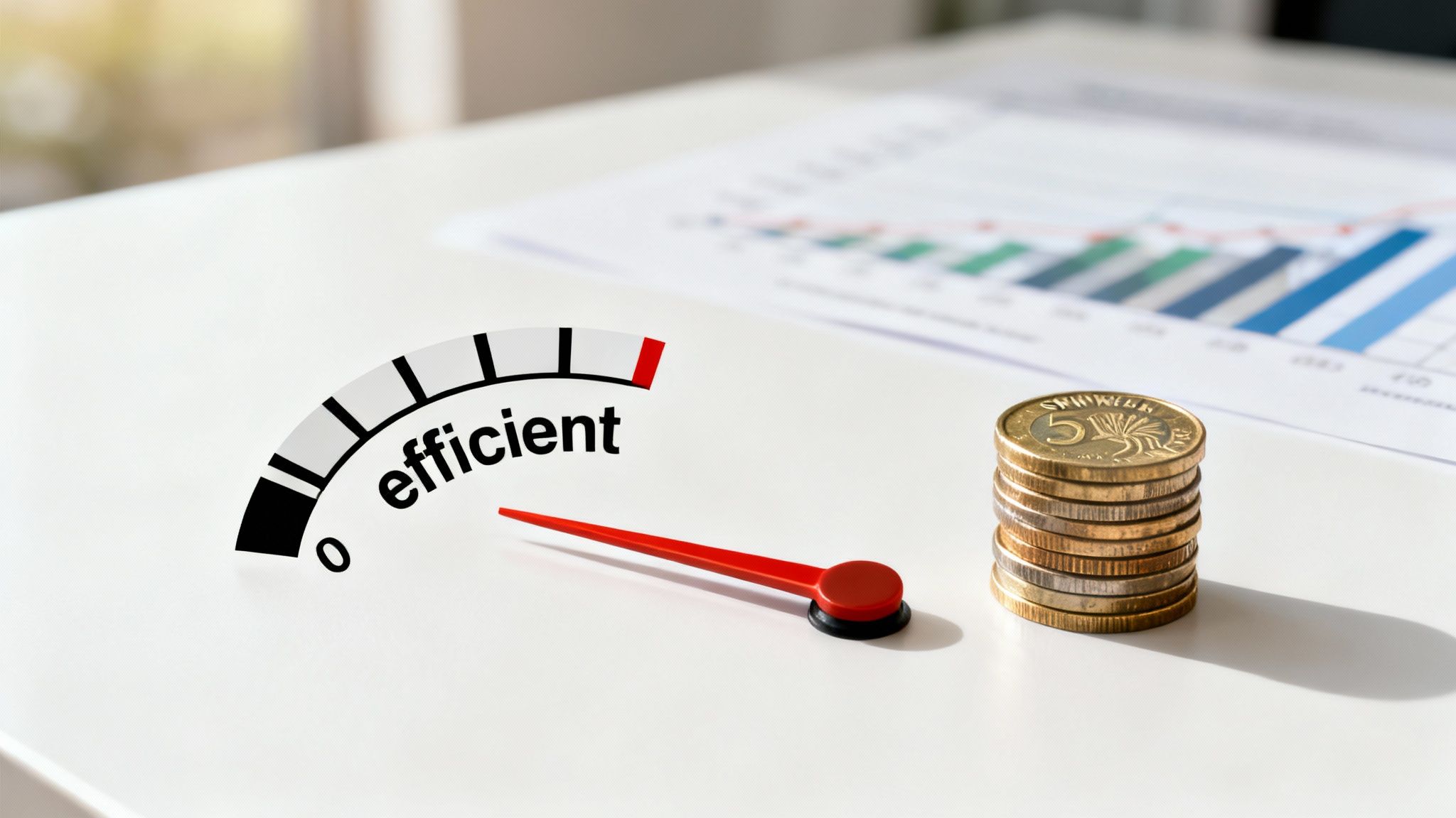 En effektivitetsmätare pekar mot högt, med en stapel mynt och ett diagram i bakgrunden.