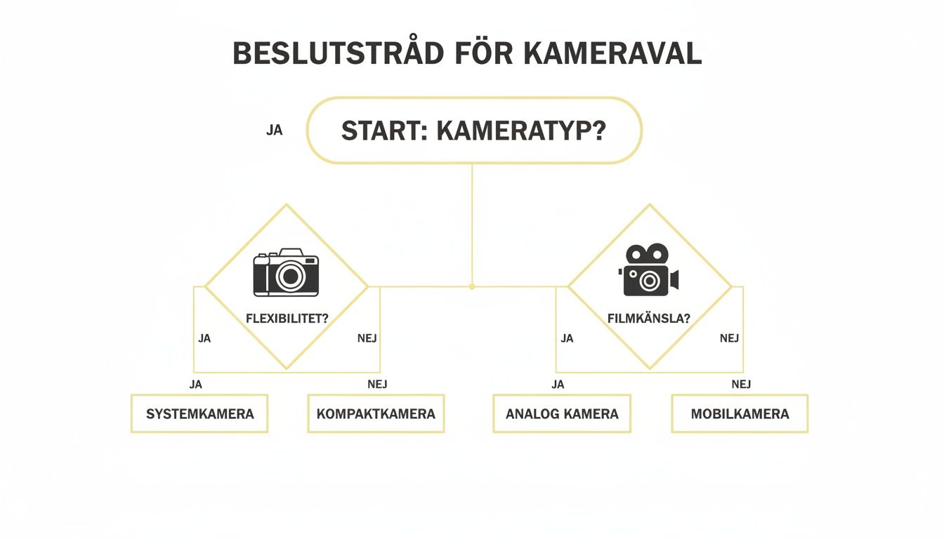 Beslutsträd för kameraval som vägleder användaren till systemkamera, kompaktkamera, analog kamera eller mobilkamera.