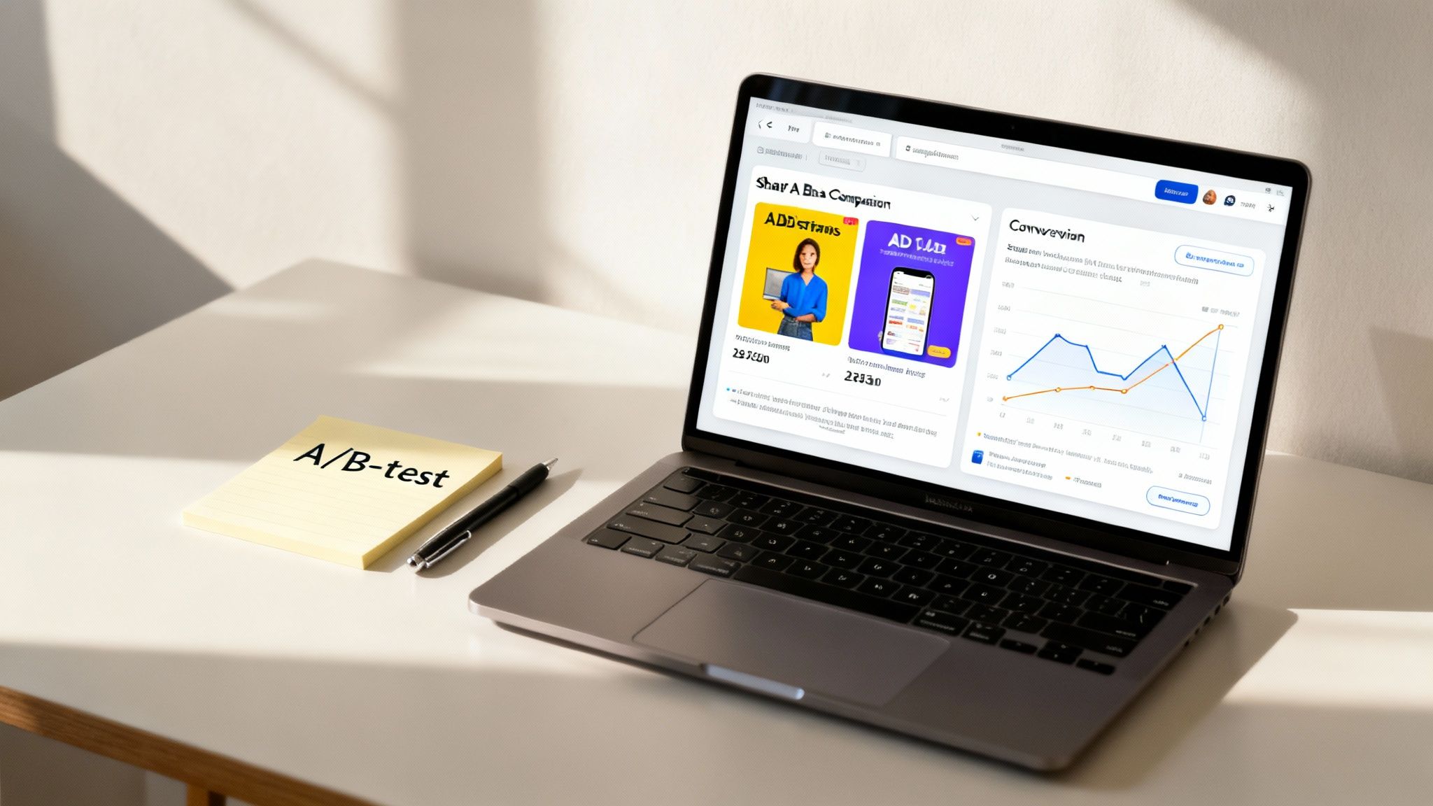 En anteckningslapp med texten 'A/B-test' ligger bredvid en bärbar dator som visar marknadsanalys och konverteringsgrafer.