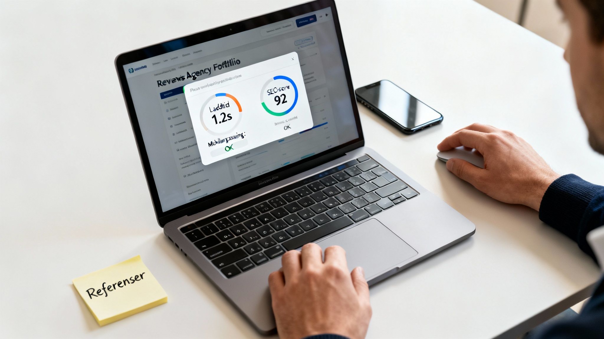 En person arbetar på en laptop med en webbplats och en popup som visar SEO-statistik och laddningstid.