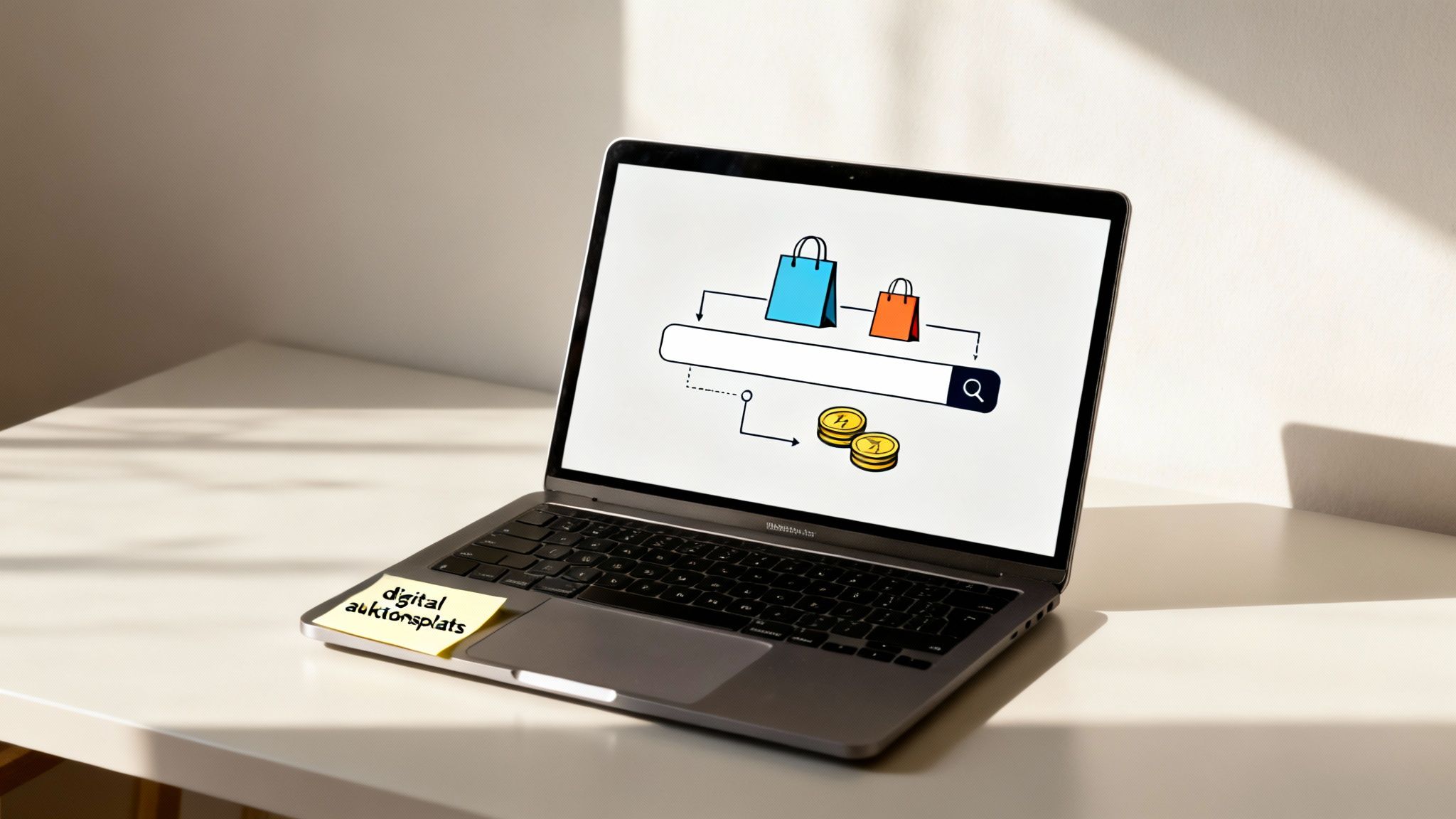 En laptop visar en illustration av ett sökfält, shoppingkassar och mynt. En gul lapp med texten 'digital auktionsplats' sitter på tangentbordet.