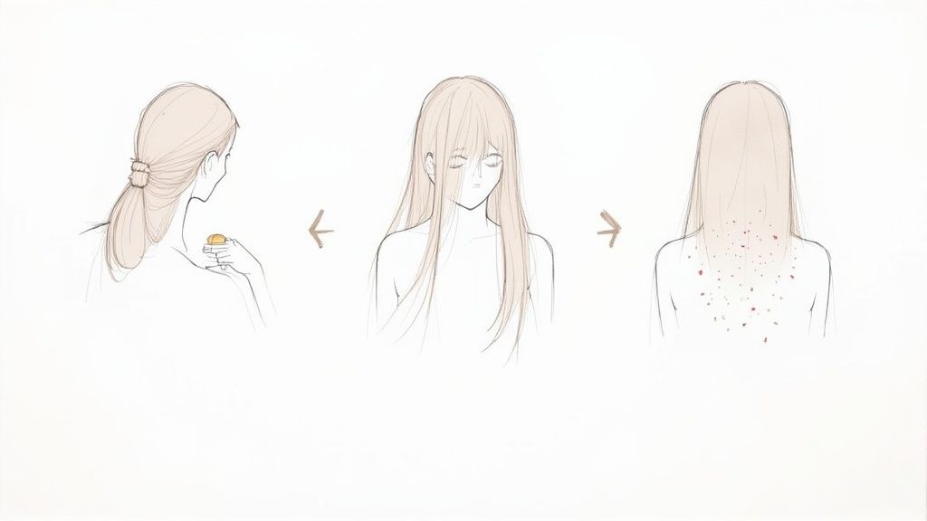 En person applicerar Maria Nila Structure Repair Leave In Cream i handdukstorkat hår med fokus på längderna.