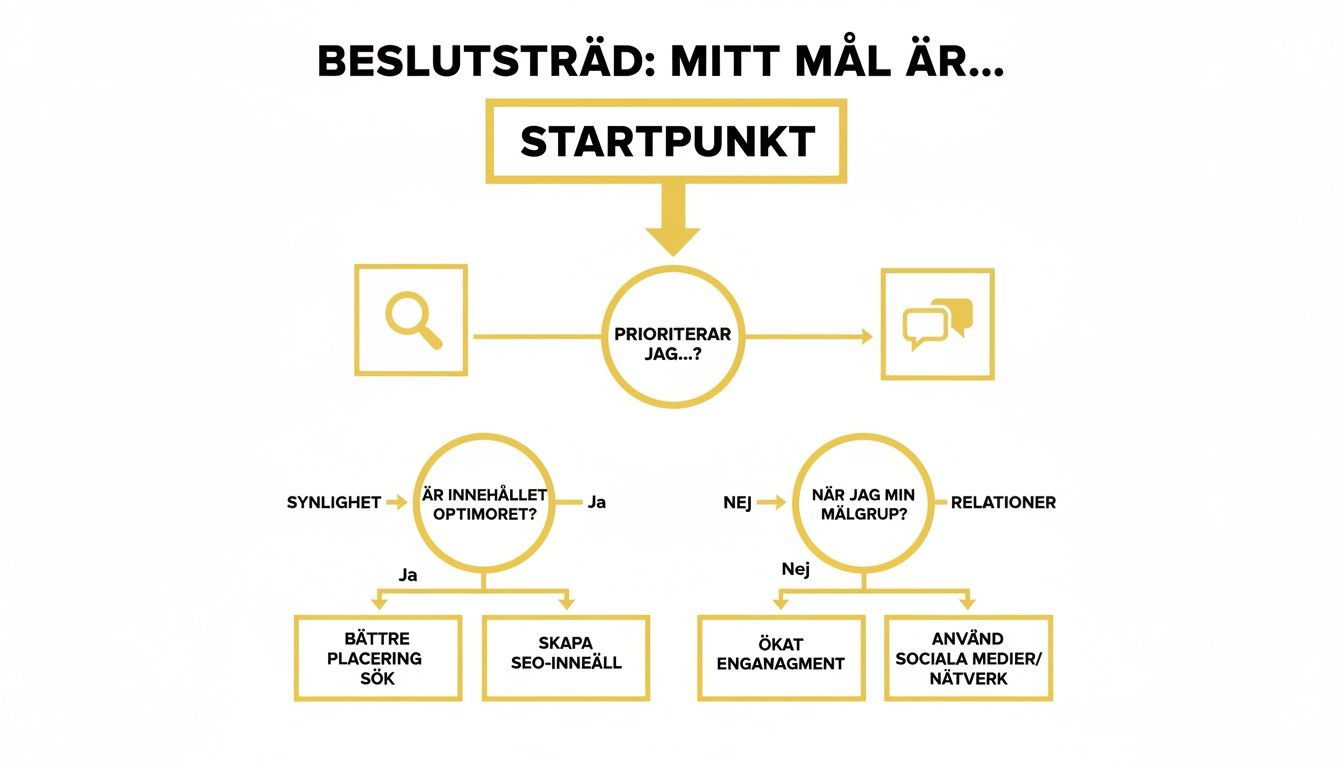 Ett beslutsträd som beskriver prioriteringar för att uppnå mål inom synlighet, SEO, engagemang och sociala medier.