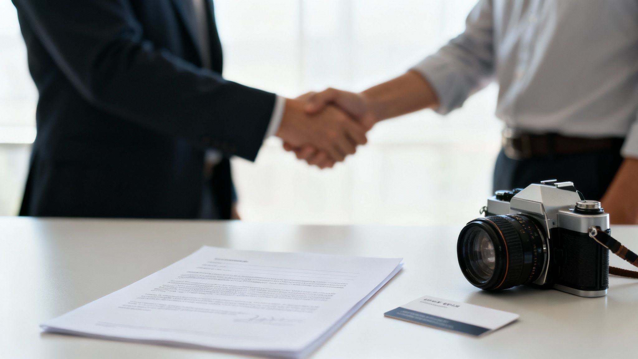 Två personer skakar hand efter ett avtal, med en kamera och dokument på bordet i förgrunden.