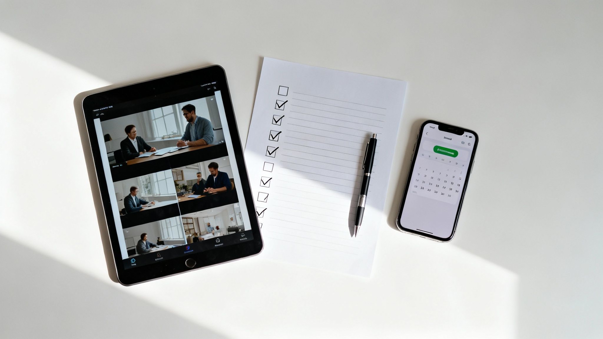 Surfplatta med videomöte, checklistblock med bockade punkter, penna och smartphone med kalender på skrivbord