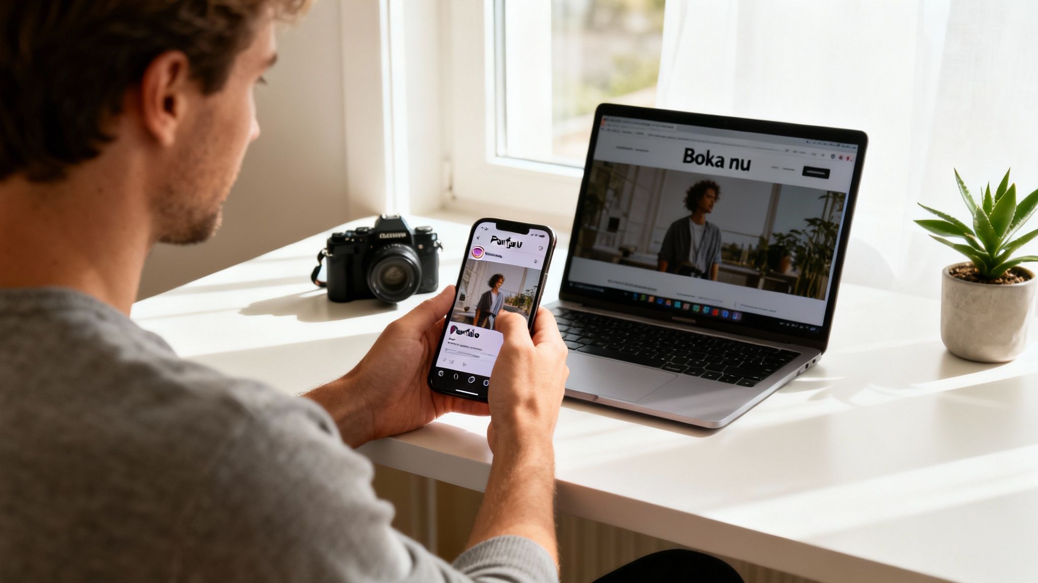 En man tittar på sin telefon som visar en bild, bredvid en laptop med samma innehåll. En kamera och en växt står på skrivbordet.
