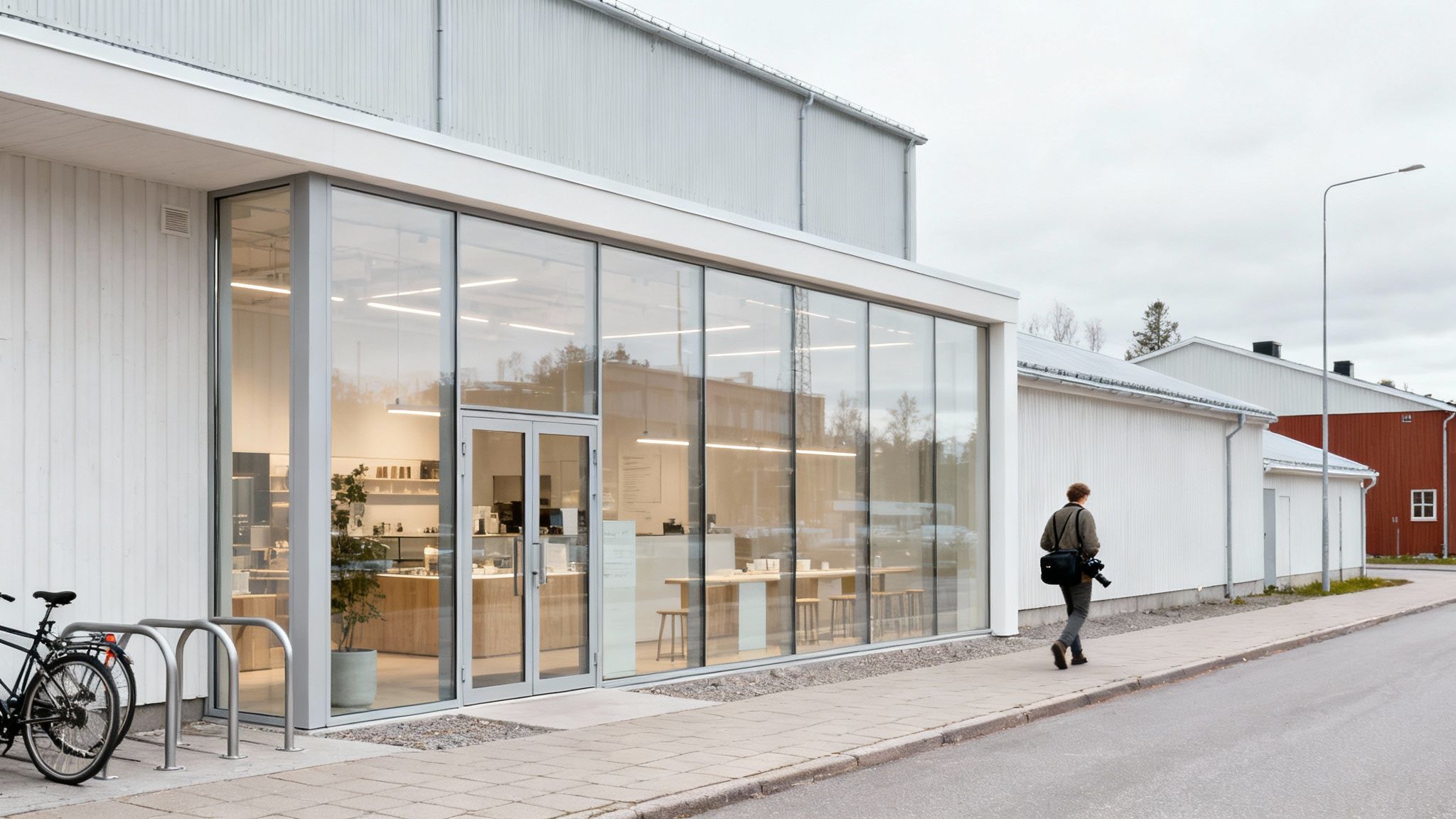 En modern vit byggnad med stora glasfönster, en person går på trottoaren, och en cykel står parkerad utanför.