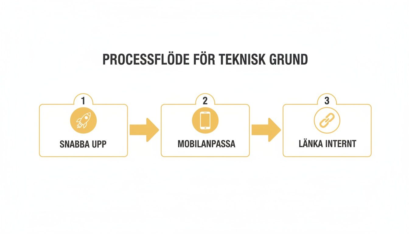 Processflöde i tre steg för teknisk grund: Snabbhet, mobilanpassning och intern länkning illustrerad med ikoner.