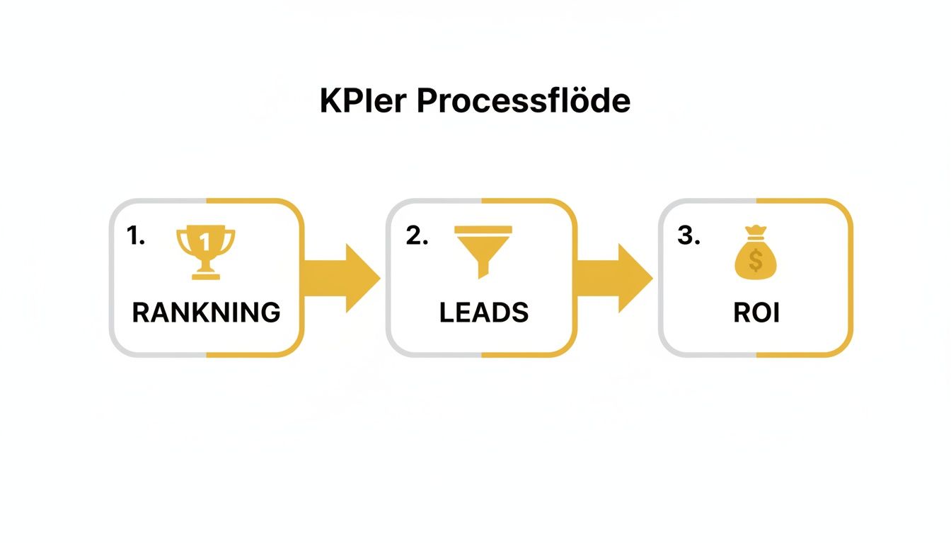 En bild som visar KPler Processflöde med tre steg: Rankning, Leads och ROI, illustrerat med ikoner och pilar.