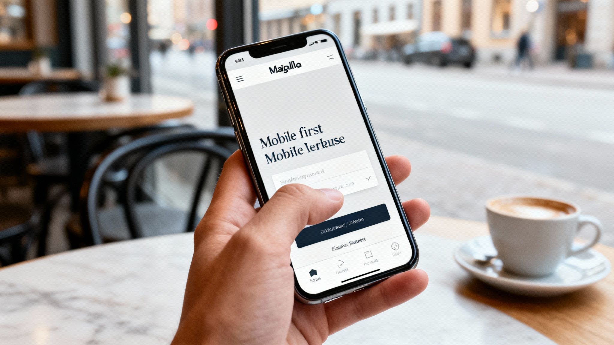 En person håller en smartphone med Magalila-webbplatsen öppen i en kafémiljö med kaffe.