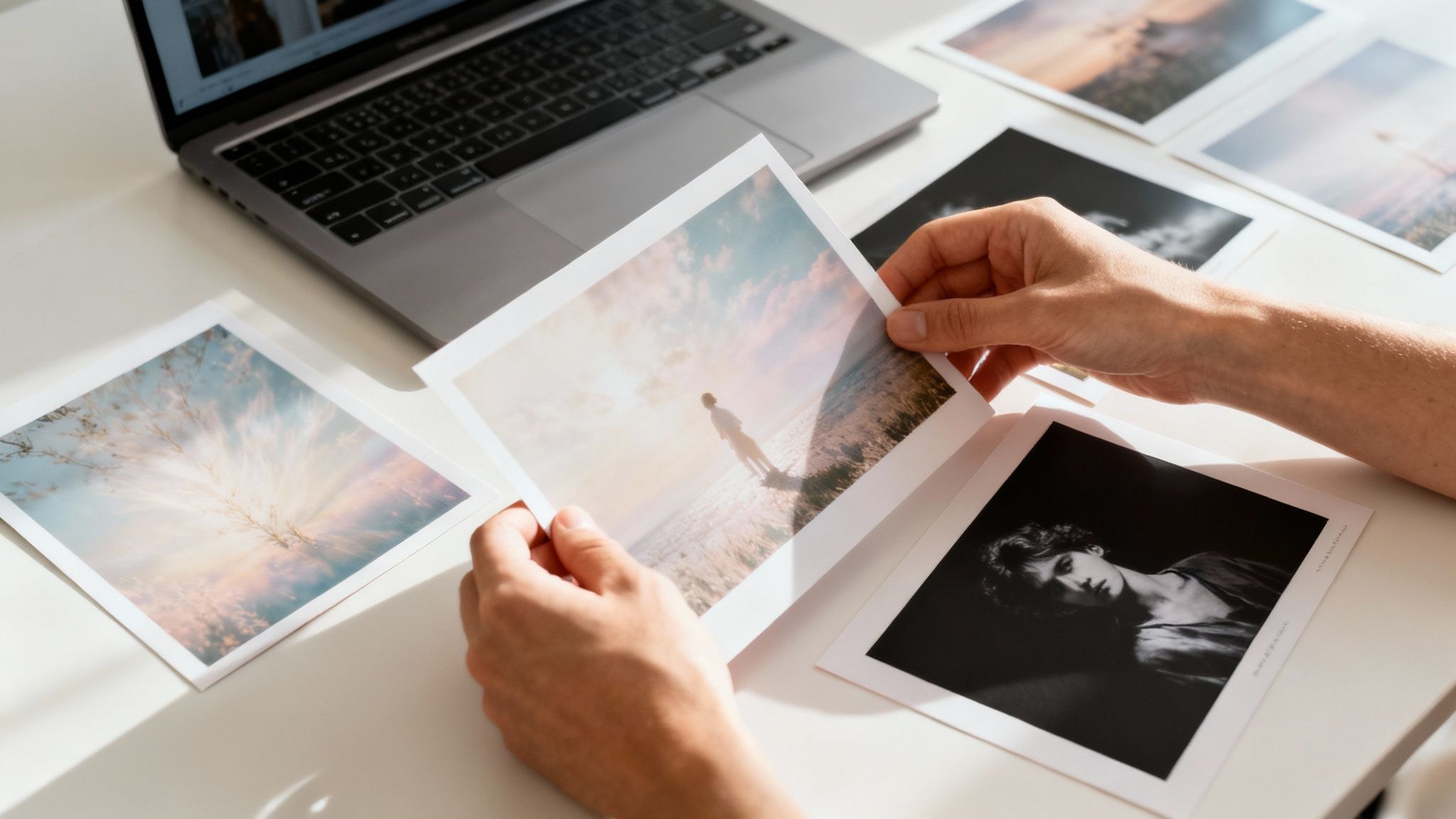 En person granskar utskrivna fotografier på ett vitt skrivbord med en laptop.