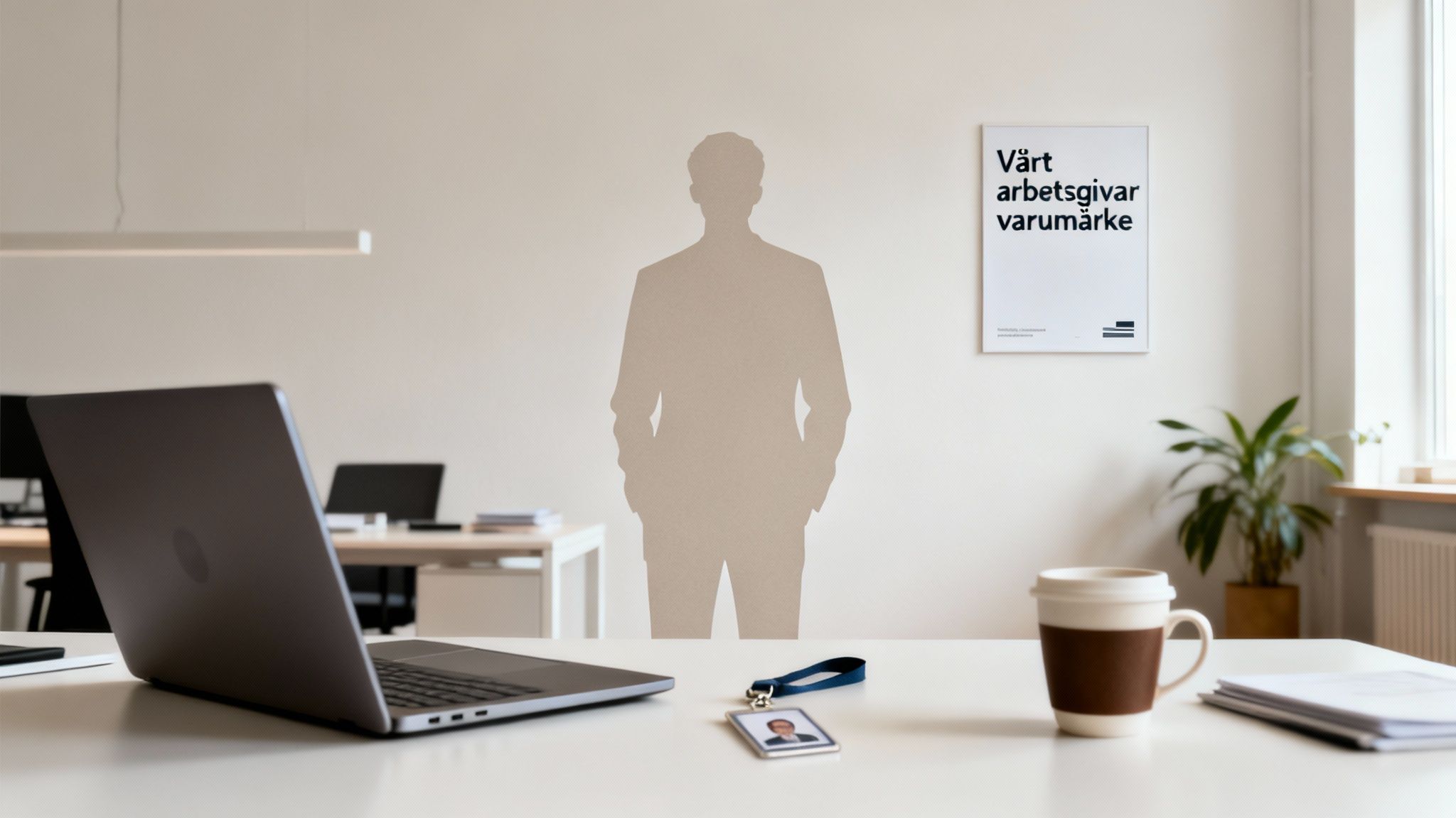 En kontorsmiljö med en laptop, kaffekopp och ID-kort på ett skrivbord. En silhuett och en poster om arbetsgivarvarumärke syns på väggen.