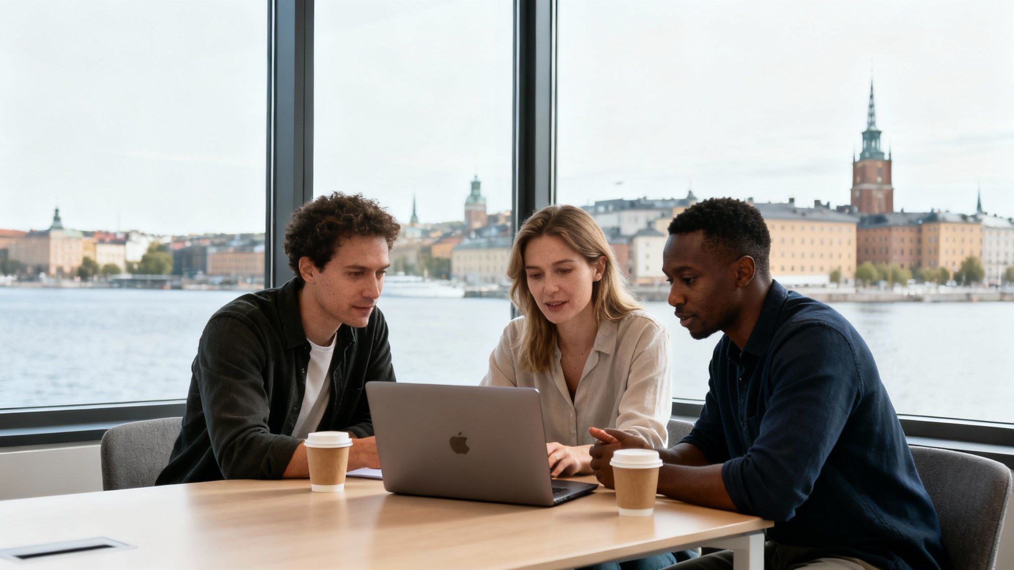 Tre kollegor samarbetar vid en laptop på ett mötesrum med utsikt över Stockholms stad och vatten.