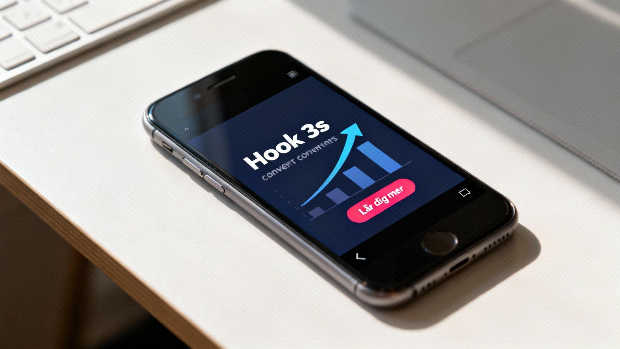 En svart smartphone på ett vitt skrivbord visar en app för konverteringsoptimering med en stigande graf.
