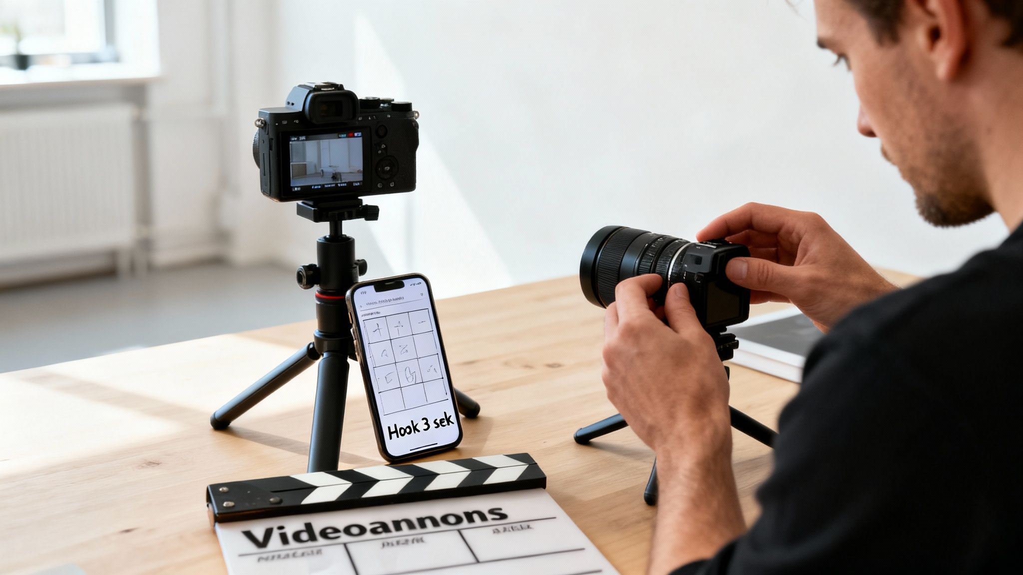 En person ställer in kameror och en telefon med manus för videoinspelning på ett ljust kontor.