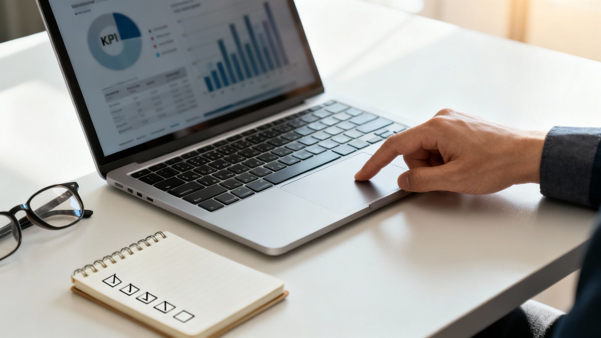 En person använder en laptop med ett KPI-dashboard. Glasögon och en anteckningsbok med bockrutor ligger på bordet.