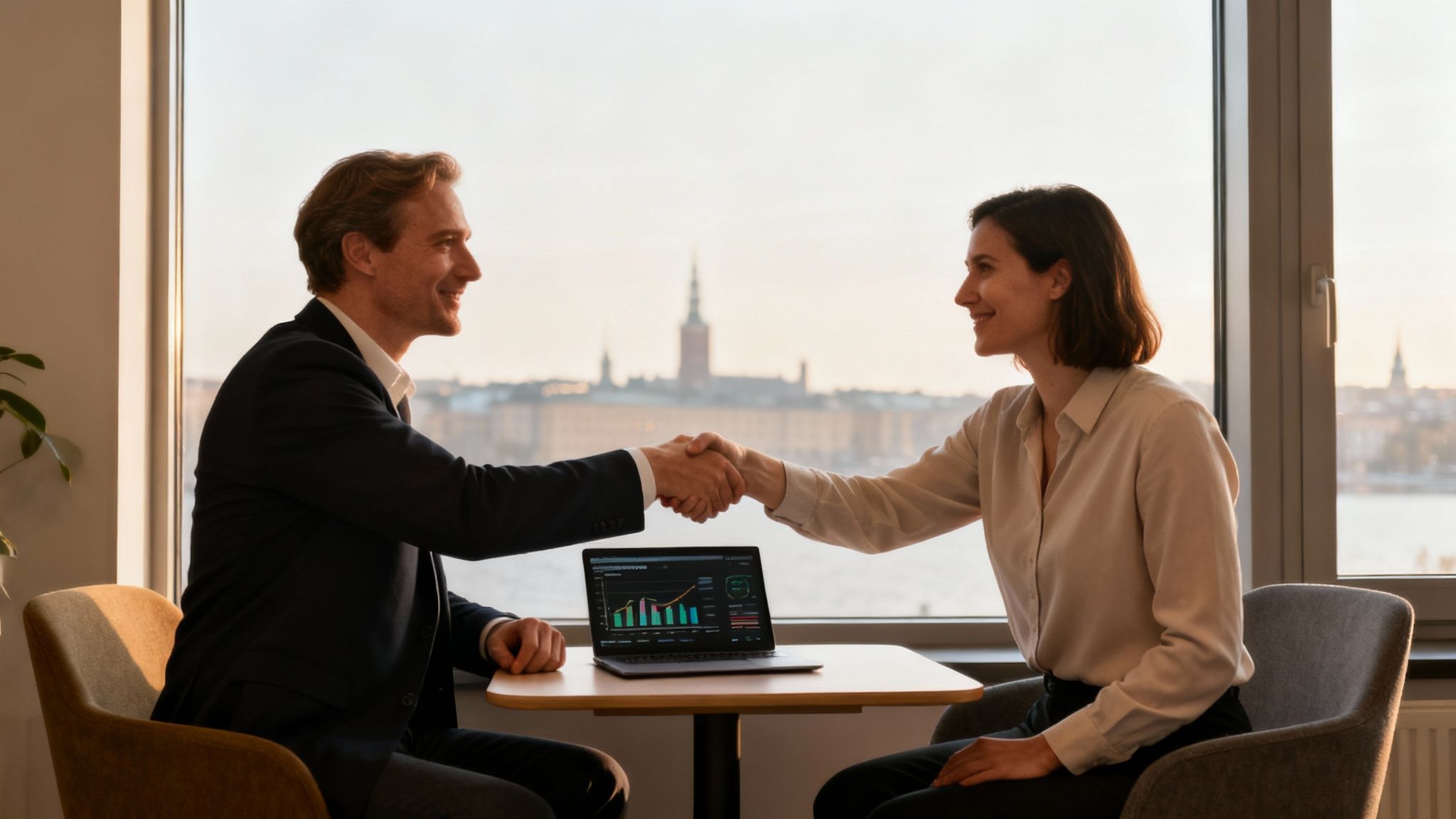 Två affärspersoner, en man och en kvinna, skakar hand vid ett bord med en laptop, med utsikt över Stockholms skyline.