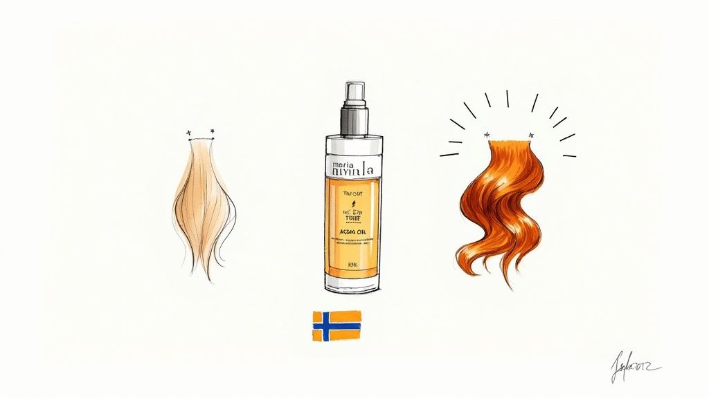 En närbild på en flaska Maria Nila True Soft Argan Oil som hålls i handen.