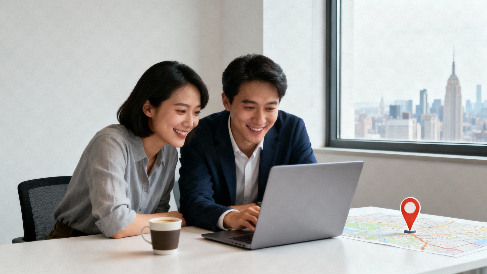 Två leende kollegor tittar på en laptop med en karta och en platsnål på bordet framför en stadssilhuett.