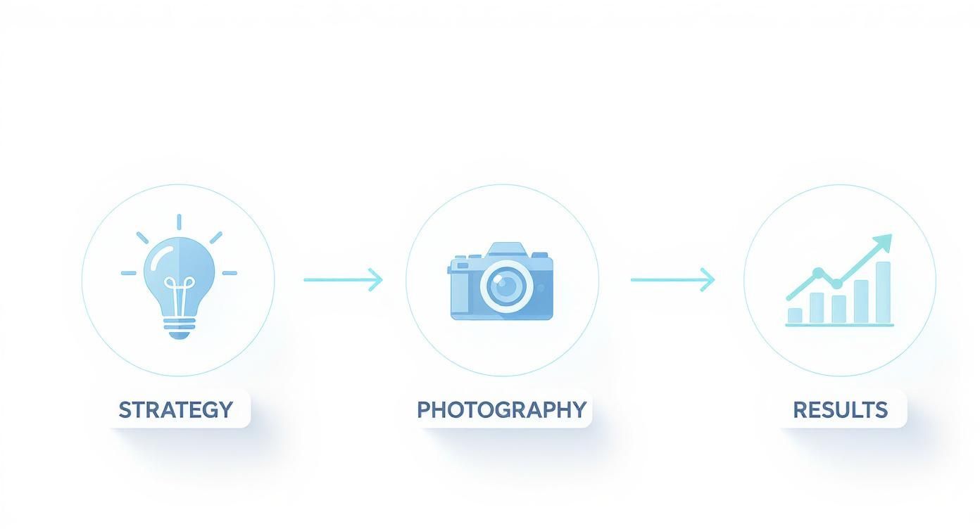 Visuell process som visar strategi, fotografi och resultat med ikoner för ljusglödlampa, kamera och tillväxtdiagram