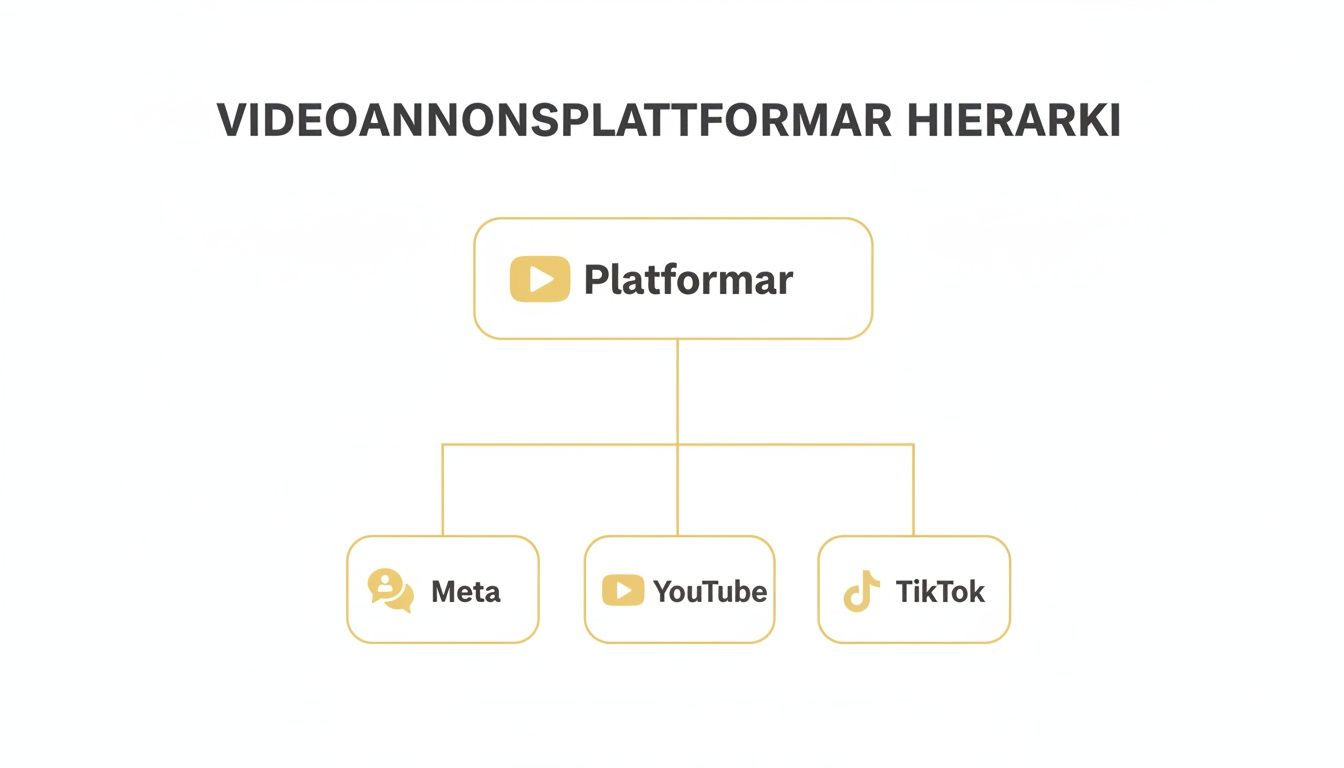 En hierarkisk översikt av videoannonsplattformar, med 'Plattformar' överst som leder till Meta, YouTube och TikTok.